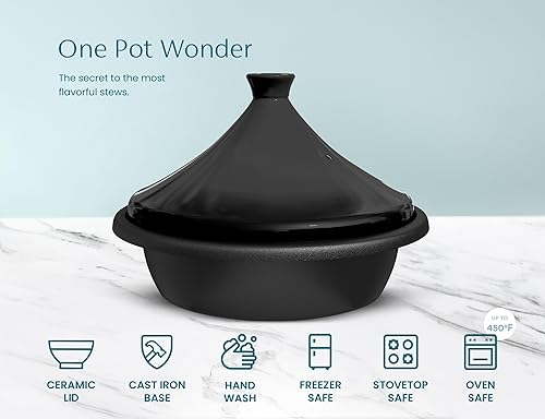 Miniatura 4 de Kook Tagine marroquí, olla de hierro fundido esmaltado, tajine con tapa cerrada en forma de cono de cerámica, 3.3 cuartos de galón (negro)