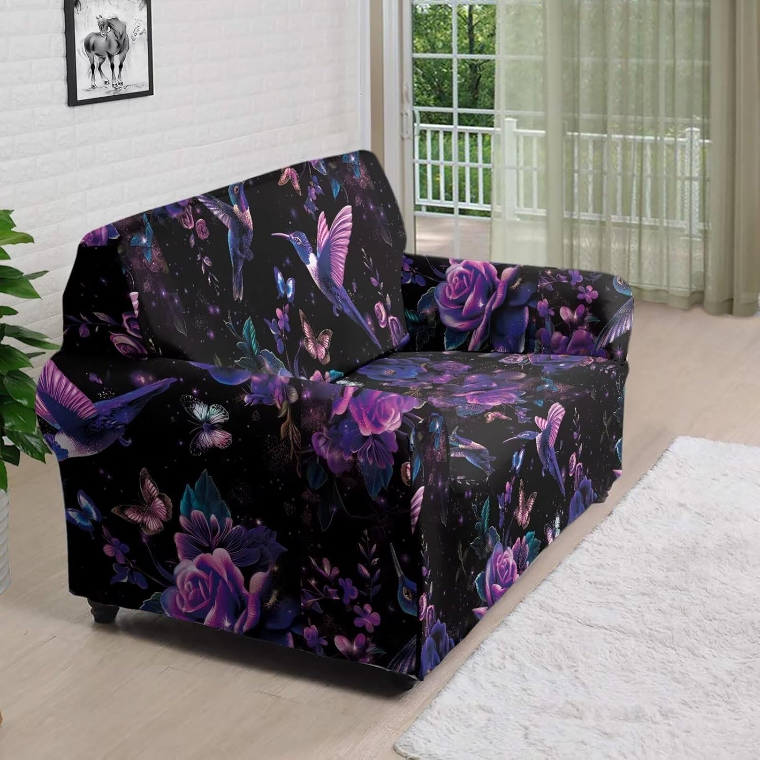Sofa Slipcovers for 2 Seater Cushion Couch Loveseat Cover Hummingbird Rose Aesthetic Couch Covers for Sofa Furniture Protector Full Sofa Covers with Elastic Bottom and Non Skid Foam