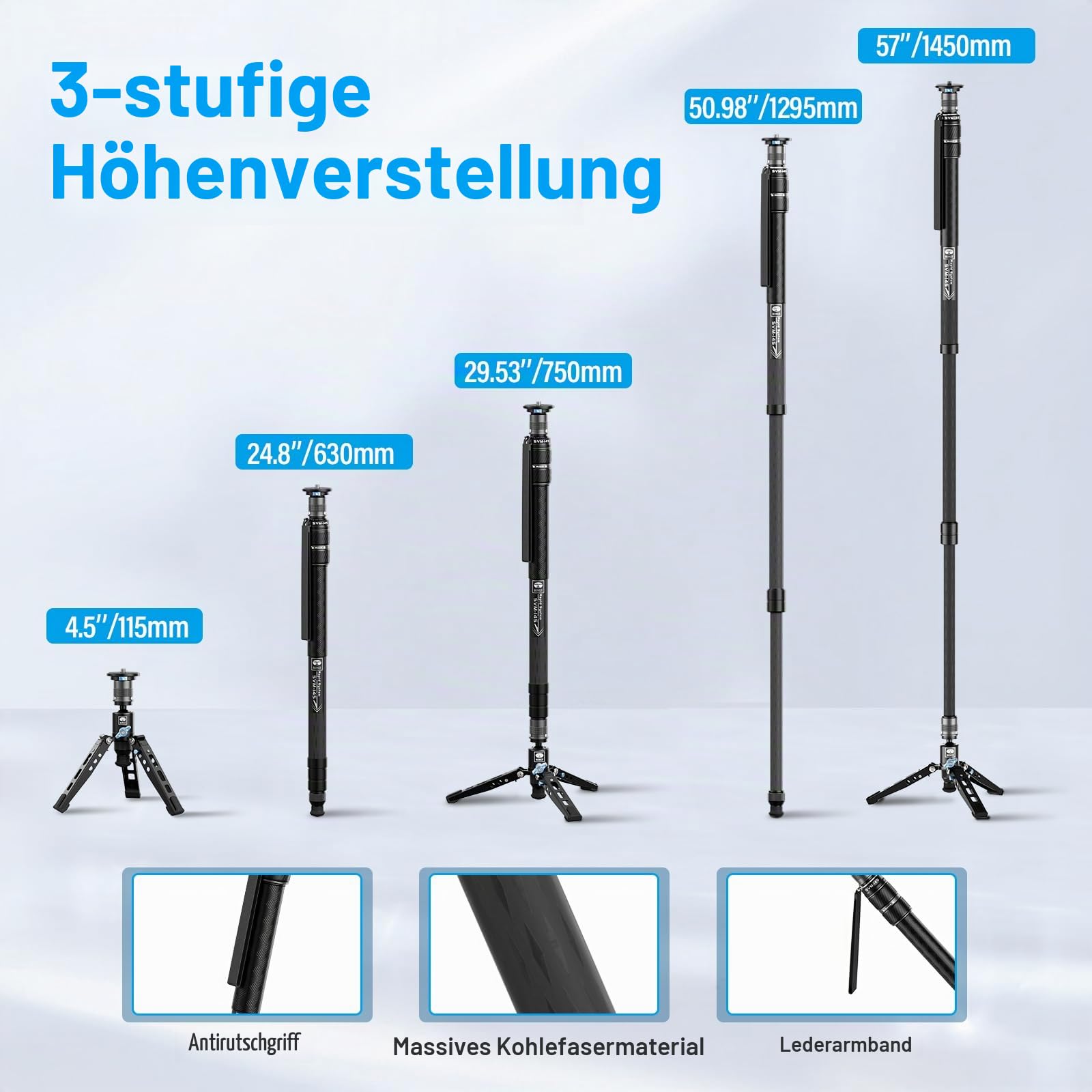 SIRUI SVM-145 Carbon Fiber Monopod mit Rapid System | 3-in-1 Modulares Einbeinstativ, 145cm, 10kg Traglast | Schnellverstellung & Schnellwechsel für DSLR & Video