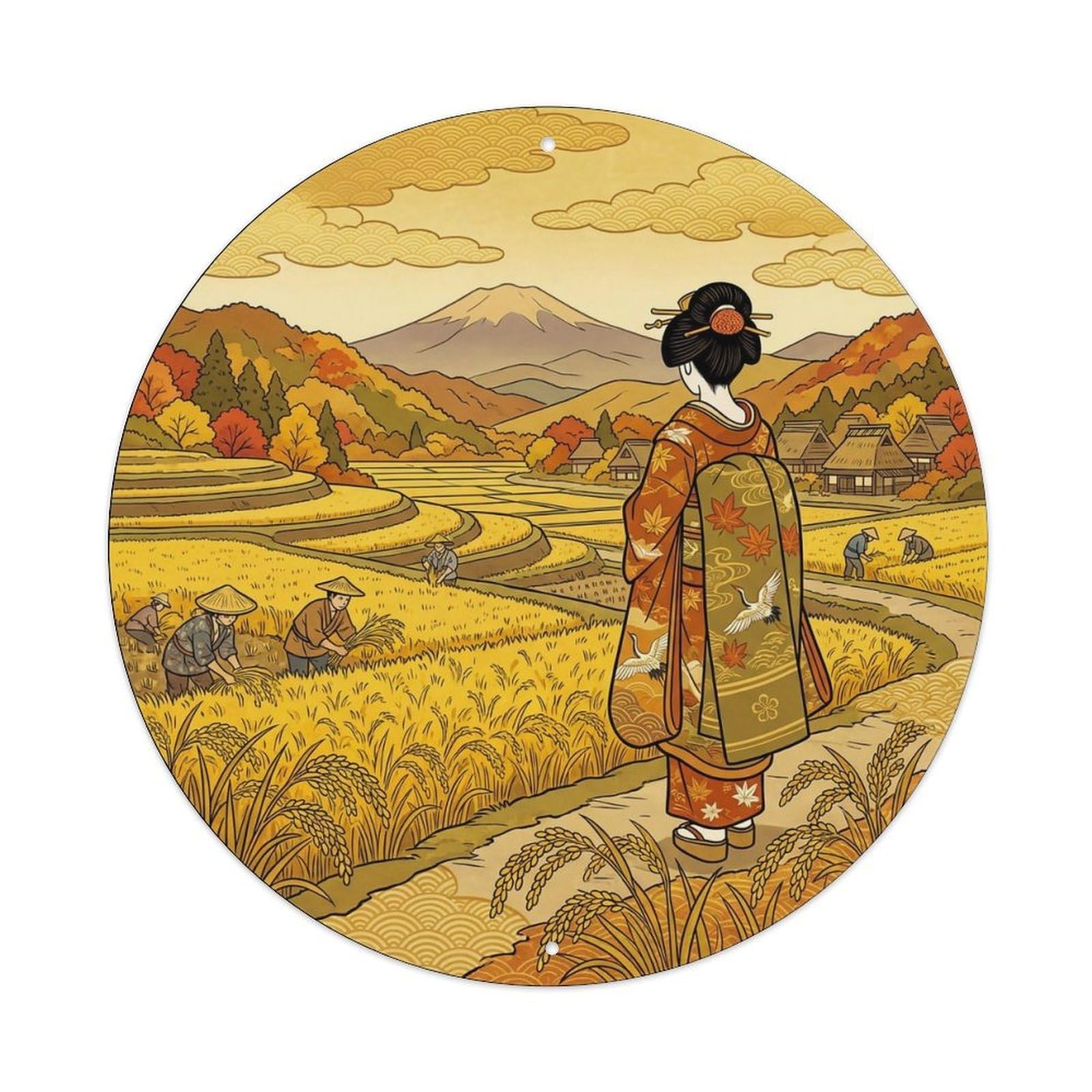 Yrnq 8X8inch Vintage Style Japanese Geisha Harvest Rice Field Golden Autumn Metal Tin Sign