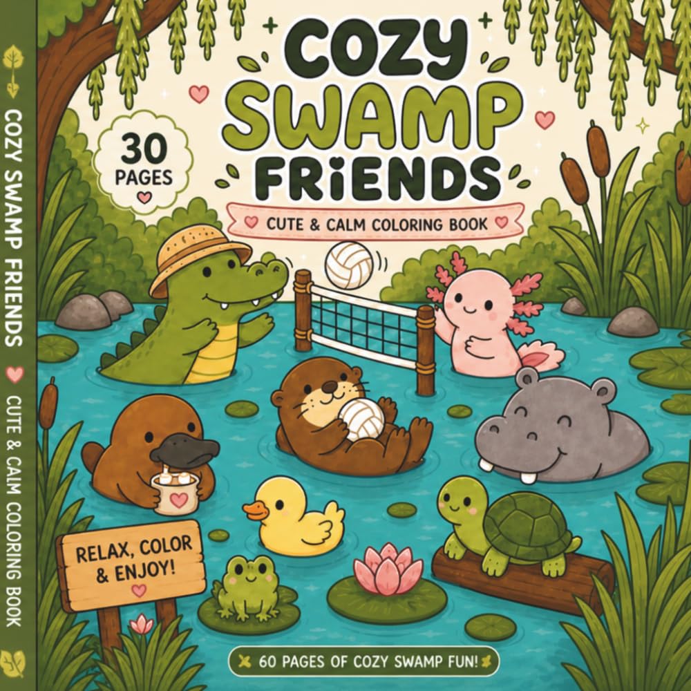 Cozy Swamp Friends coloring book: Cute & Calm Coloring Book for all ages • 30 Relaxing Animal Pages