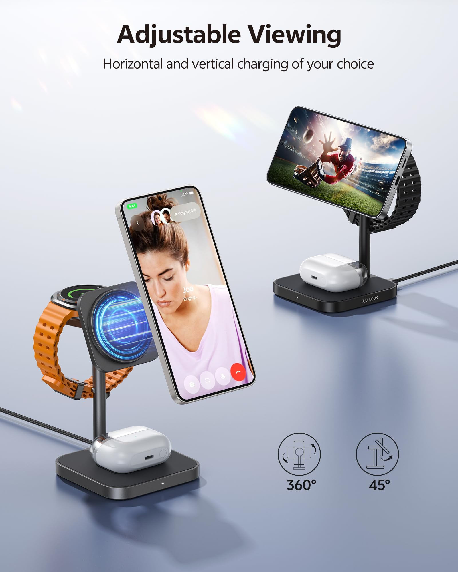 LULULOOK Estación de Carga para Samsung,3 en 1 Cargador rápida de 15W Inalámbrico de Aluminio para Galaxy S25 Ultra S24,S23 S22,Note,Z Fold 7,Flip,Cargador de 5W para Galaxy Watch Ultra/7/6/5/4/Buds