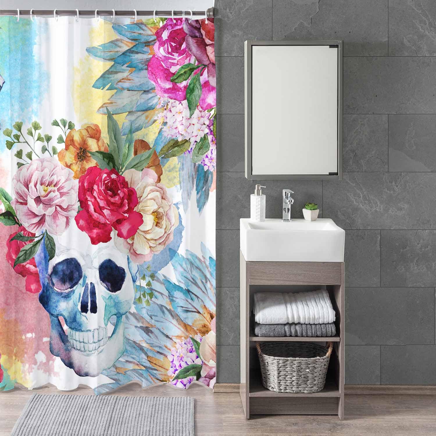 Woutay Shower Curtain Mould Proof Resistant Watercolor Skull Flowers,Water Repellant Fabric,Polyester,with 12 Plastic Hooks - Image 3