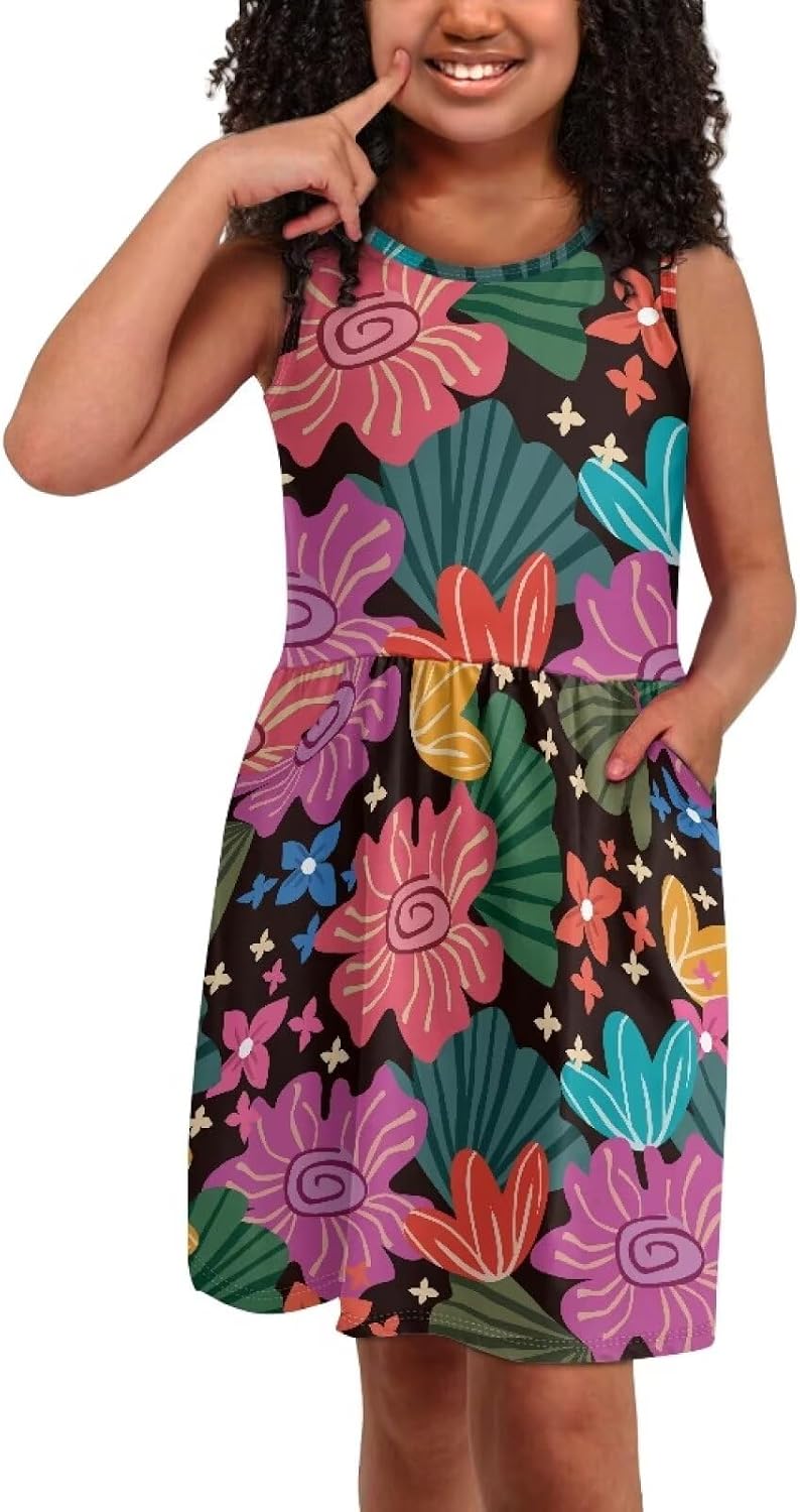 Sleeveless Cute Floral Dress for Girls Swing Loose Fit Sundress with Pockets Playwear