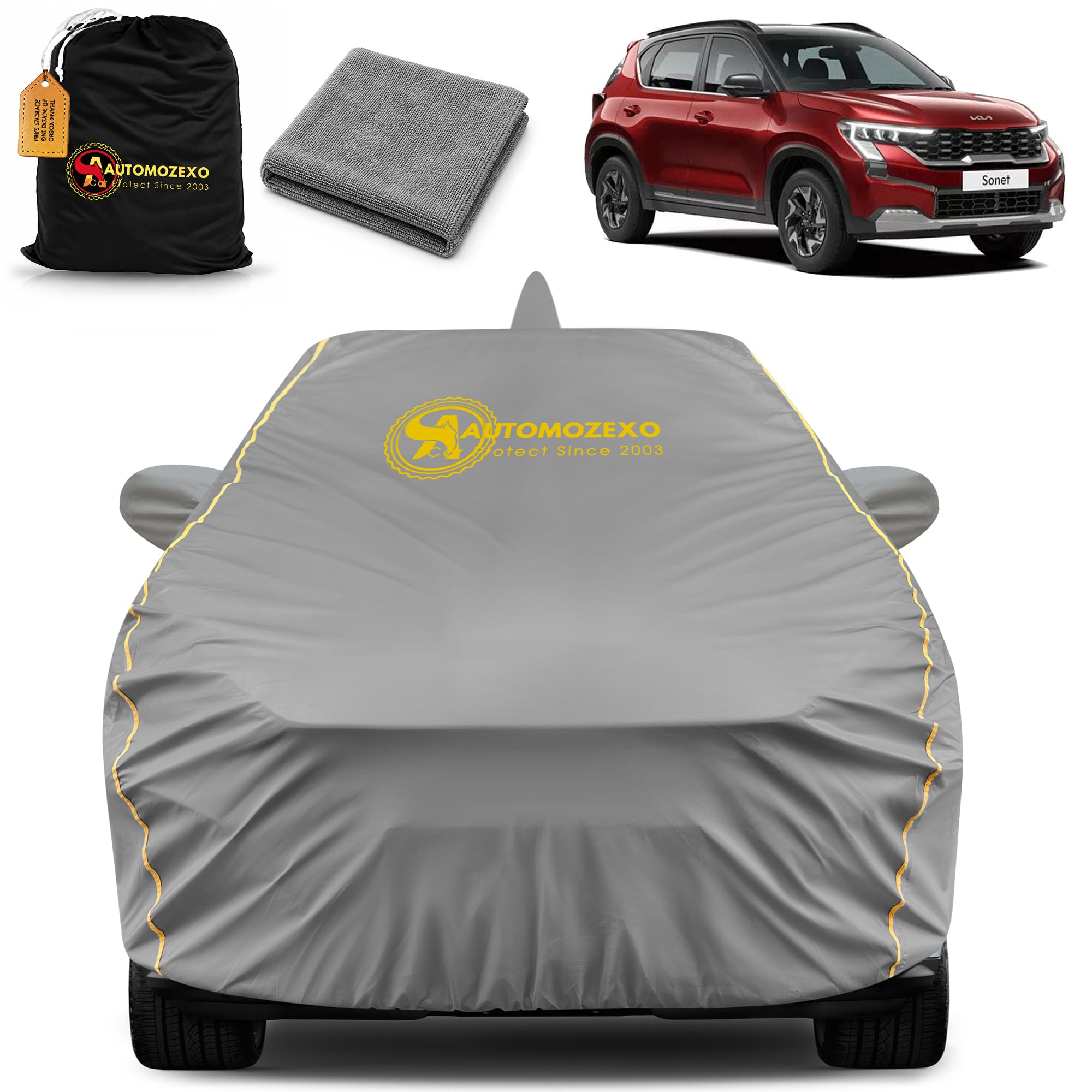AUTOMOZEXO Kia Sonet Car Cover with Mirror & Antena Pocket Waterproof Inner Cotton Layer Adjustable Belt Bottom Elastic Triple Stitched Cover to Secure fit and Protect from All Indian Climates (Grey)-image-48