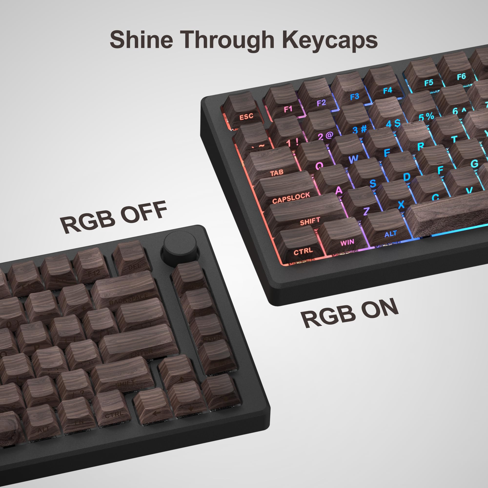 PBT Keycaps, 135 touches Cherry Profile Shine Through Custom Keycaps, impression latérale ANSI US Double Shot pour clavier mécanique, textures noyer