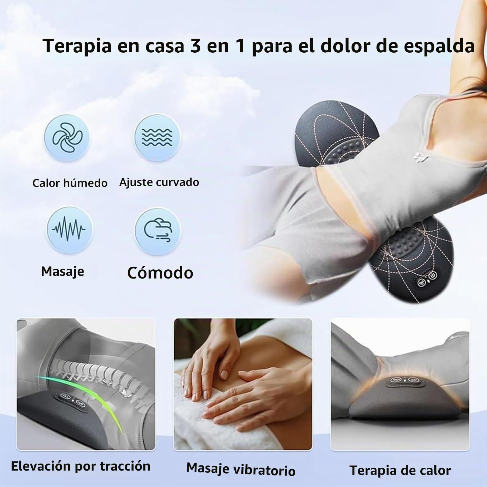 Masajeador de Espalda Smooth Triple Fusion con Calor, Tracción y Vibración 3 en 1 for Aliviar el Dolor de Ciática y Lumbar, Soporte Lumbar Ergonómico(Gray)
