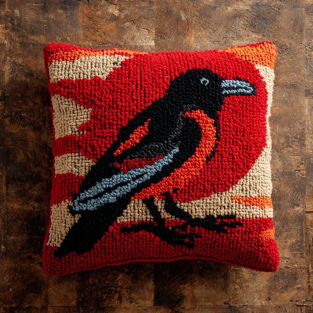 Henypt Latch Hook Kits for Beginners & Adults,Crow 43x43cm DIY Pillow Cover Craft,Easy Crochet Needlework Kit with Full Accessories