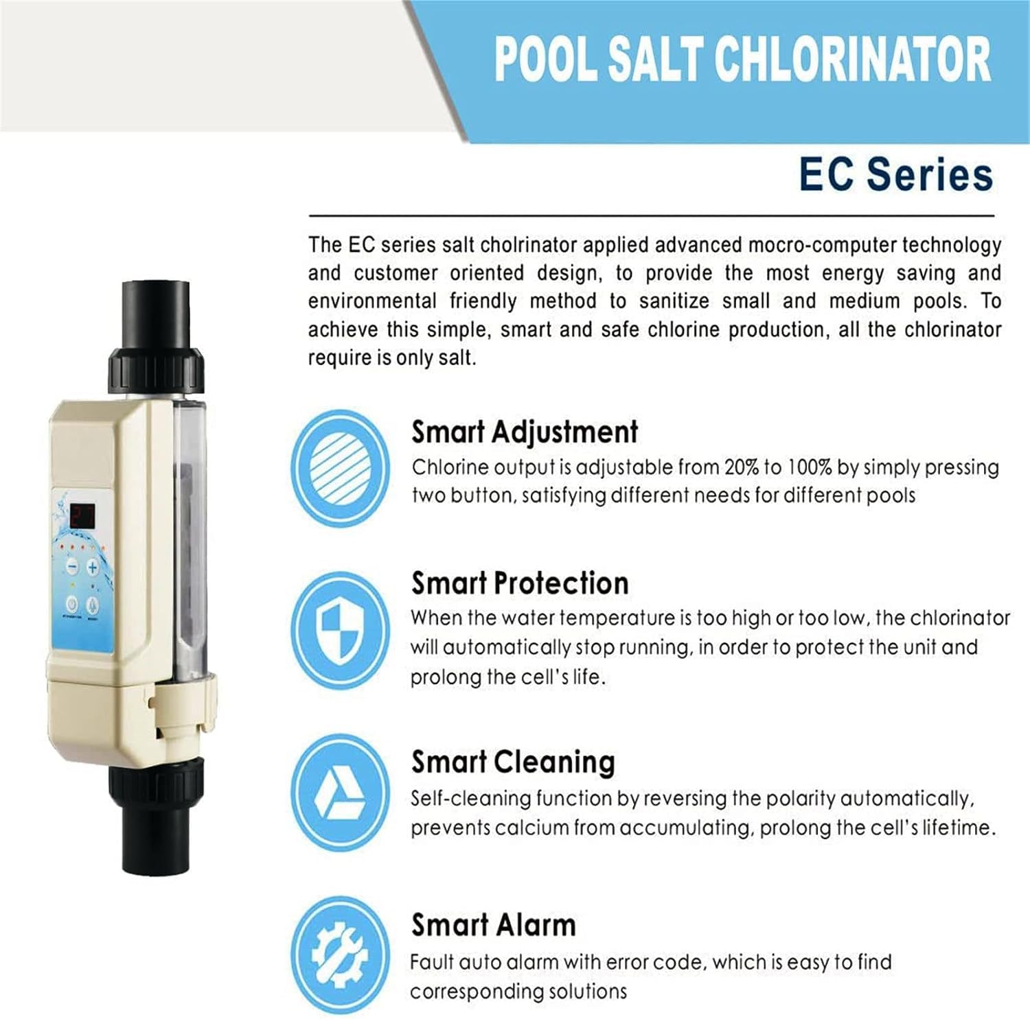 Generador de Cloro Salino para Piscina y SPA, Clorinador Agua Salada Automático con Salida Ajustable 20%-100%, Opciones Multi-Tamaño hasta 85 m³ (8g/h, 12g/h, 16g/h, 20g/h),HT20