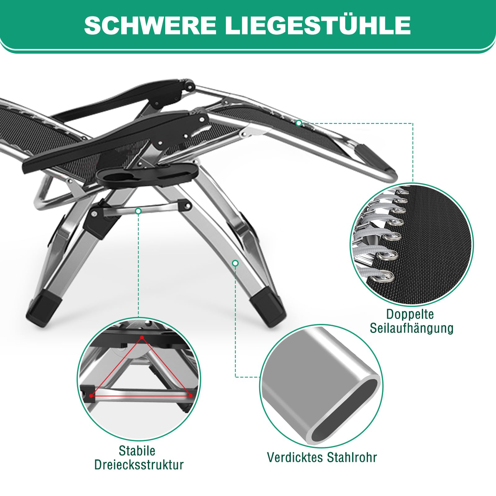 Sonnenliege Liegestuhl Klappbar, 200KG Belastbar Zero Gravity Chair mit Kissen Unterstützung Getränkehalter, Extra Breit Verstellbare Gartenliege für Patio-Garten-Strand-Pool
