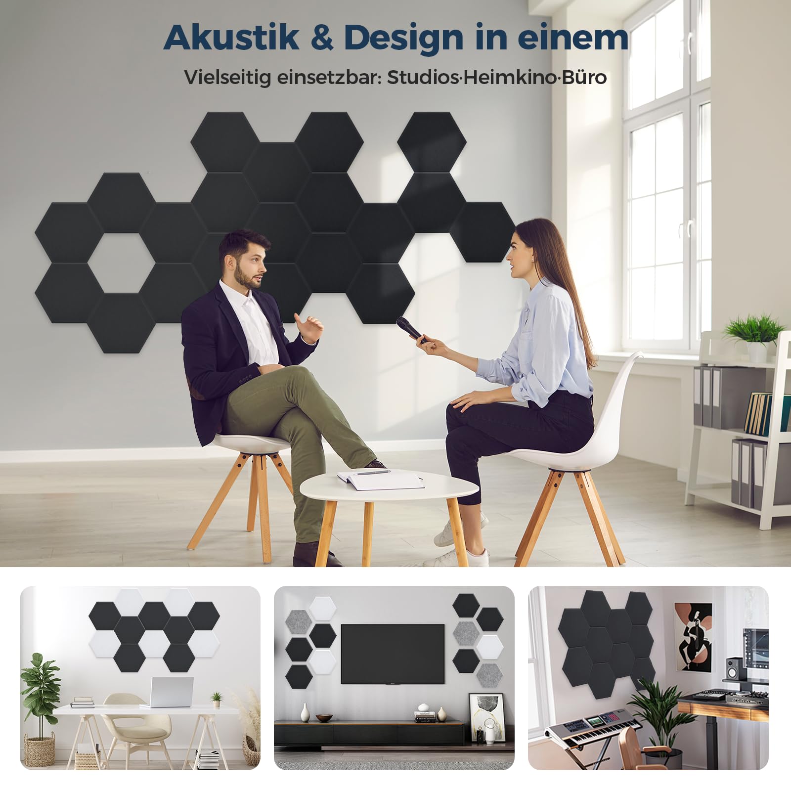 12 pannelli acustici esagonali, autoadesivi, 30 x 26 x 0,9 cm, pannelli acustici ad alta densità, pannelli fonoassorbenti per studio, ufficio, trattamento acustico e decorazione da gioco, nero