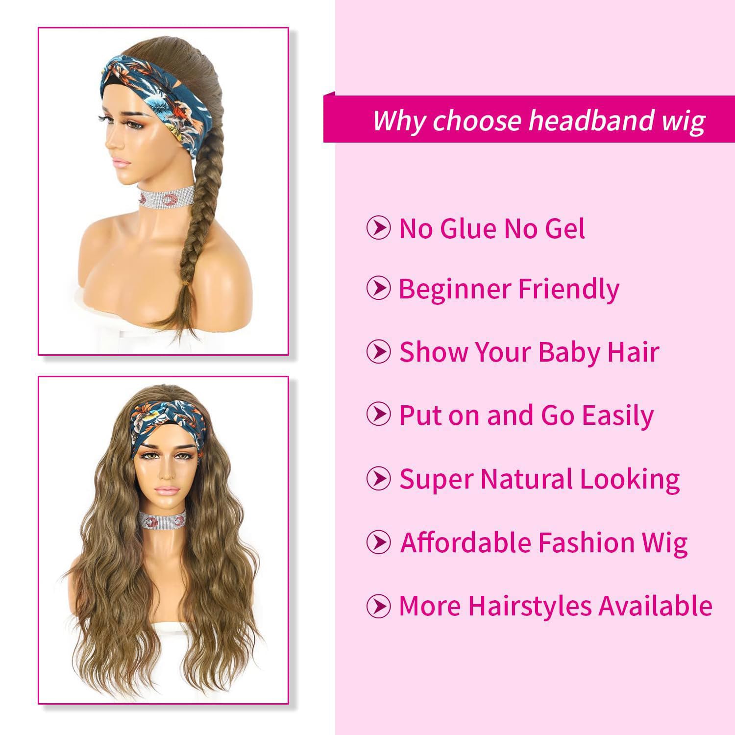 SAPPHIREWIGS Headband Wig Body Wave Long Wavy Brown Headband Wigs for Women Natural Looking Glueless Synthetic No Lace Front Wig with Headbands Attached 26 Inch