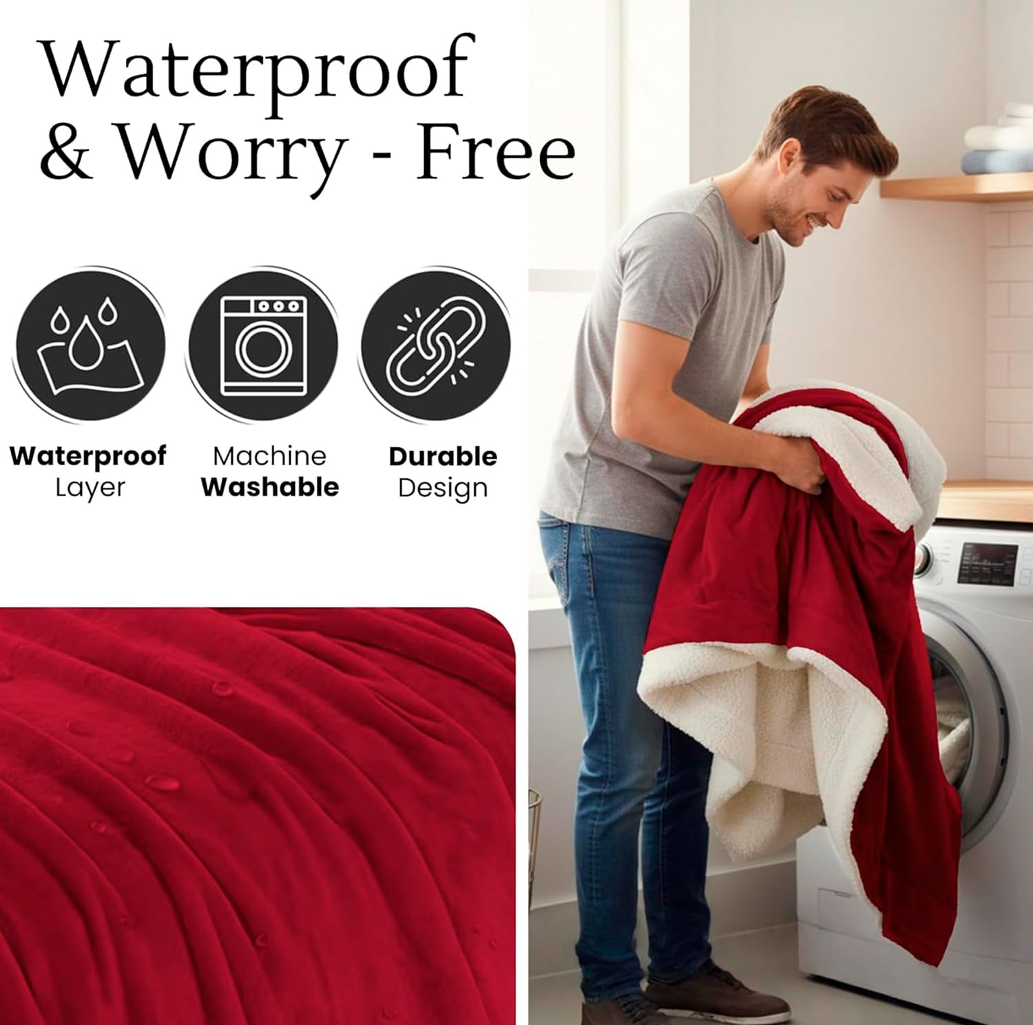 CREW FLX Waterproof Blanket for Bed Intimacy (80"x 60" Queen Size) Reversible Fleece | Sherpa, Love Blanket, Water Proof TPU Stain Proof Couch Furniture Mattress Winter Large Dog Bed Cover - Gray: Red Sherpa Fleece 80 x 60 inch
