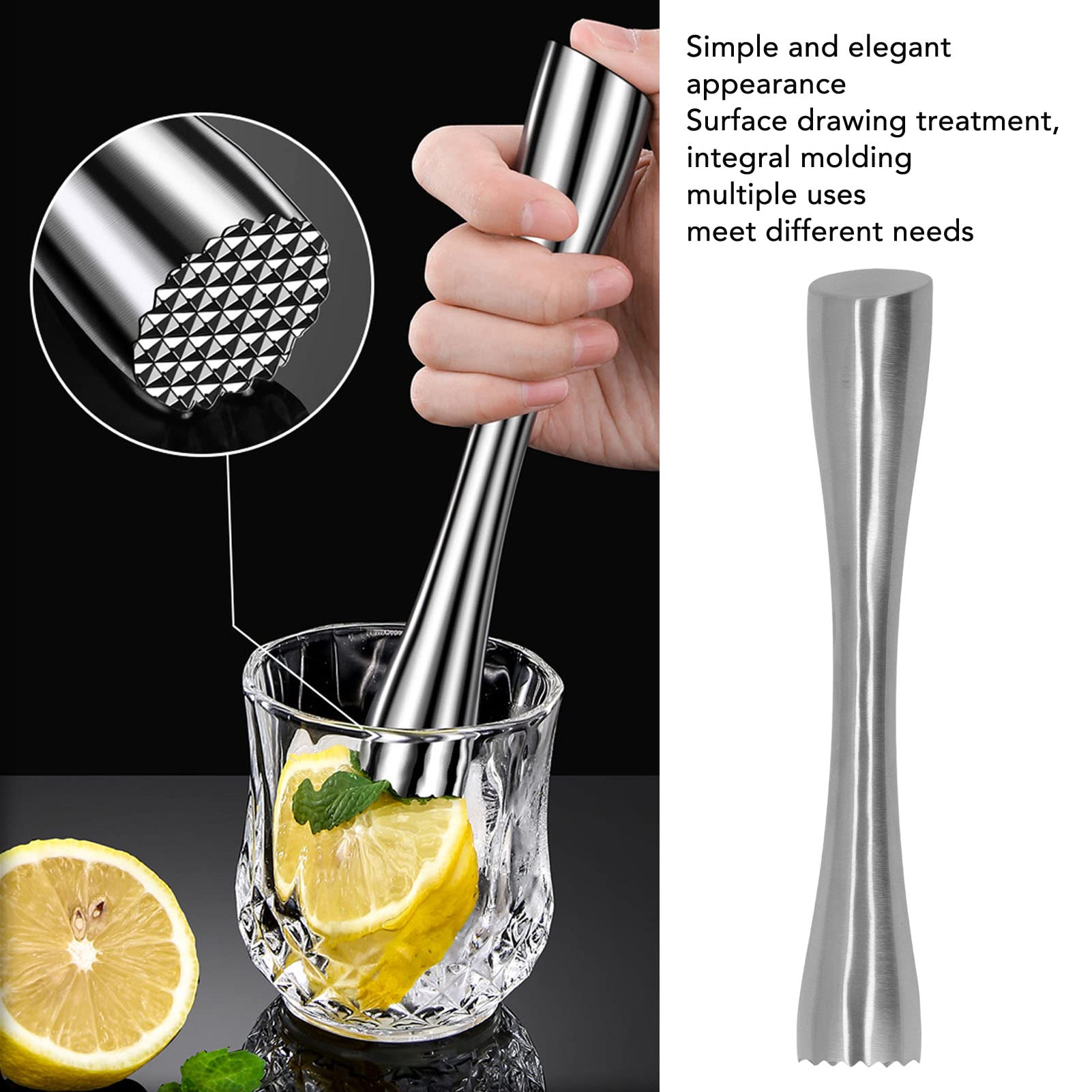 Muddler for Cocktails, Drink Muddler Stainless Steel Cocktail Muddler Ice Crushers Fruit Crusher Bartender Kit for Drinks Home Kitchen (Short Handle)