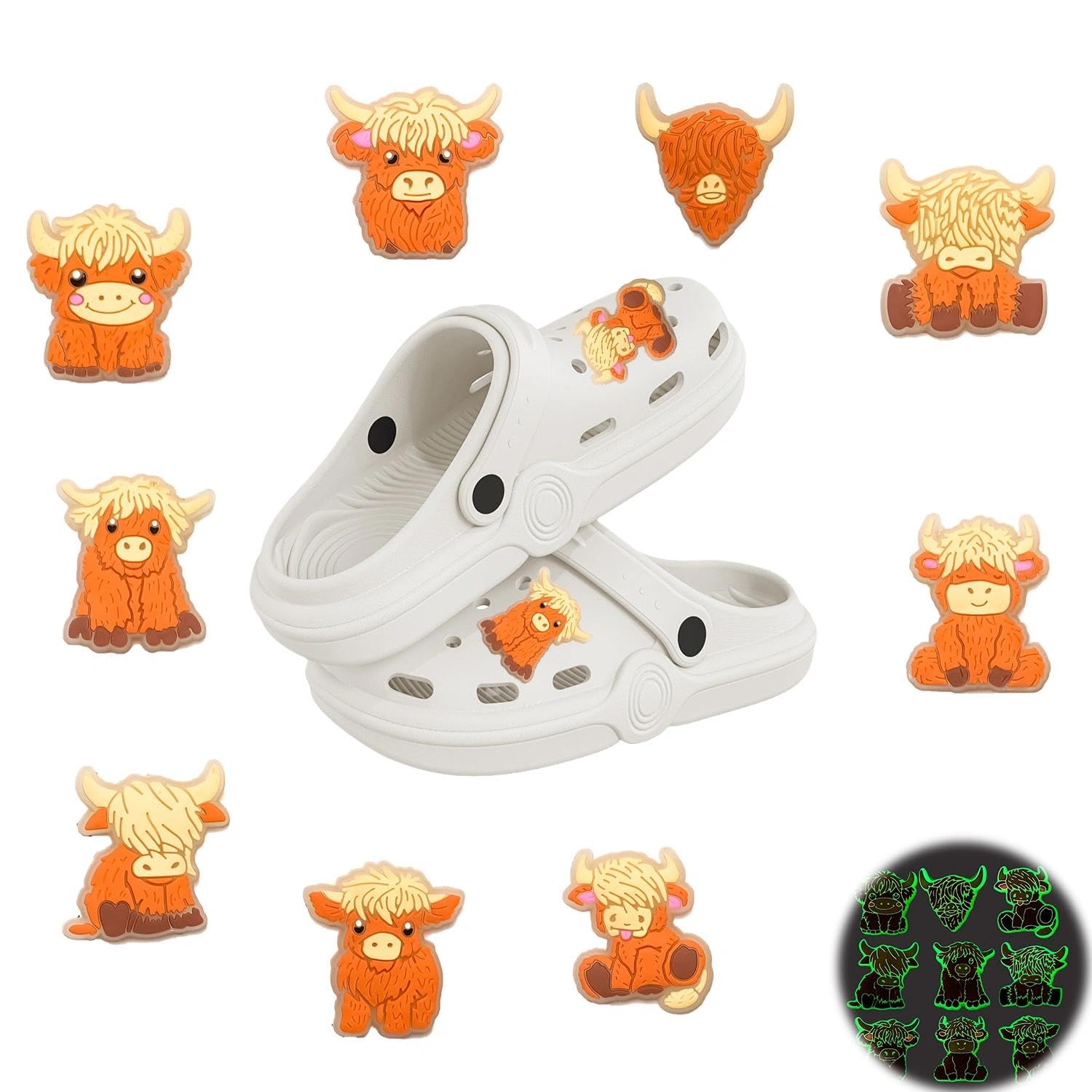 9PCS Highland Cow Shoe Charms, Luminous Animal Shoe Decoration Charms for Teens Adults, Waterproof PVC Shoe Decorations for Clogs, Wristbands, Sandals & Shoes