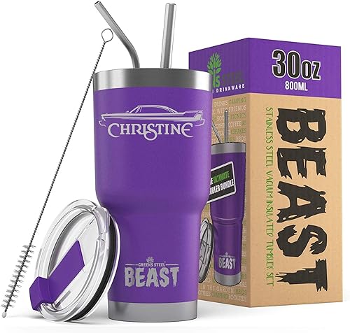 Miniatura 9 de Christine 1958 Plymouth Sport Fury Beast - Vaso aislado de acero inoxidable de 20 onzas con tapa, 2 popotes, cepillo y caja de regalo, color granate