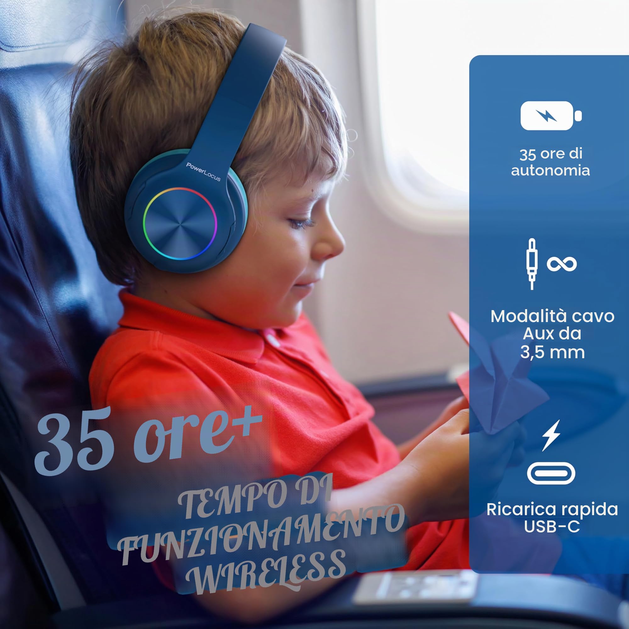 PowerLocus Cuffie Bluetooth pieghevoli senza fili per bambini con luci LED, HD Stereo, USB-C Ricarica Rapida, Micro integrato, SD Modalità e cablata per iPhone/Tablet/TV
