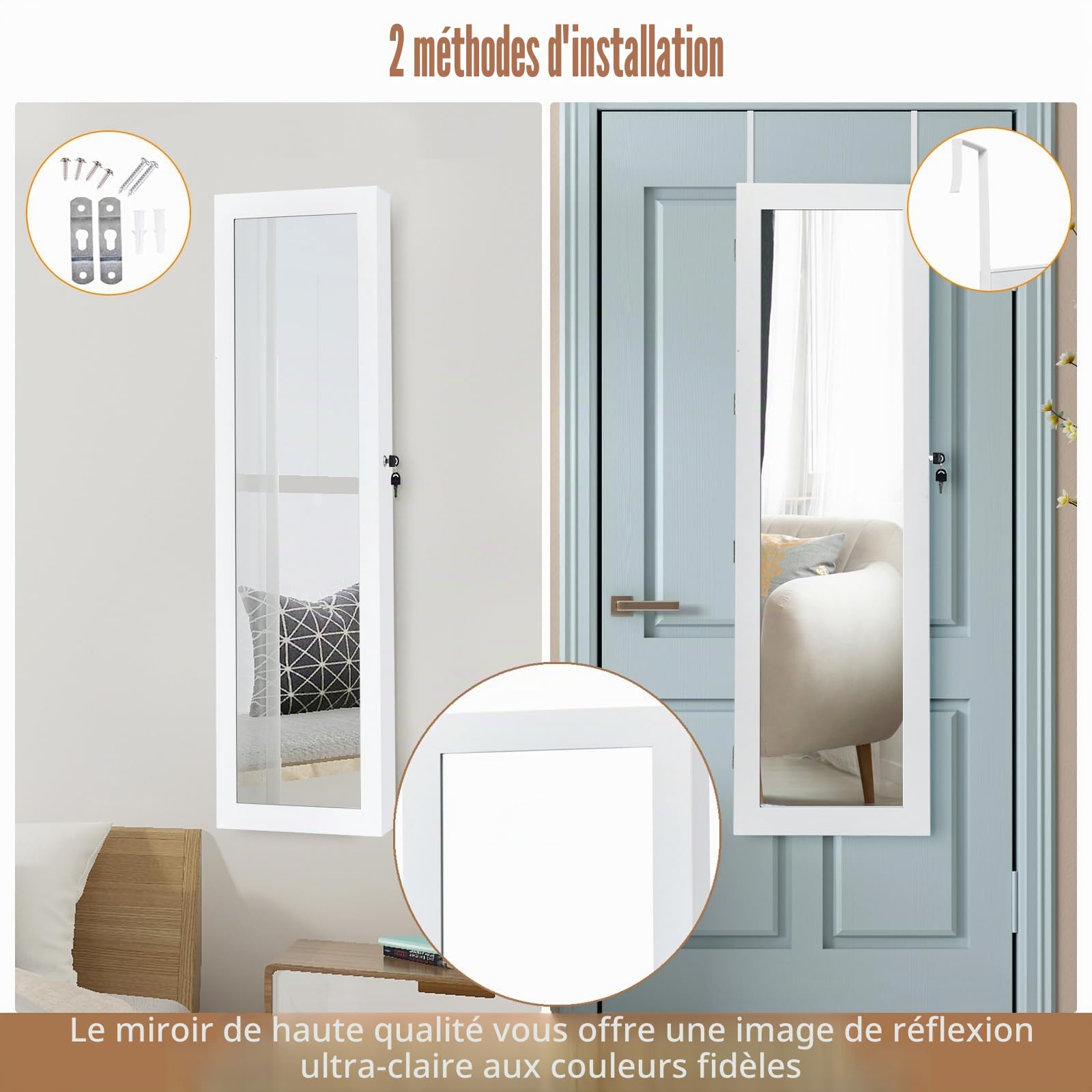 HOMASIS Miroir Boîte à bijoux mural, armoire à bijoux avec LED et serrure, armoire à bijoux avec miroir entier, organiseur pour bijoux, crochet de 4,6 cm, blanc
