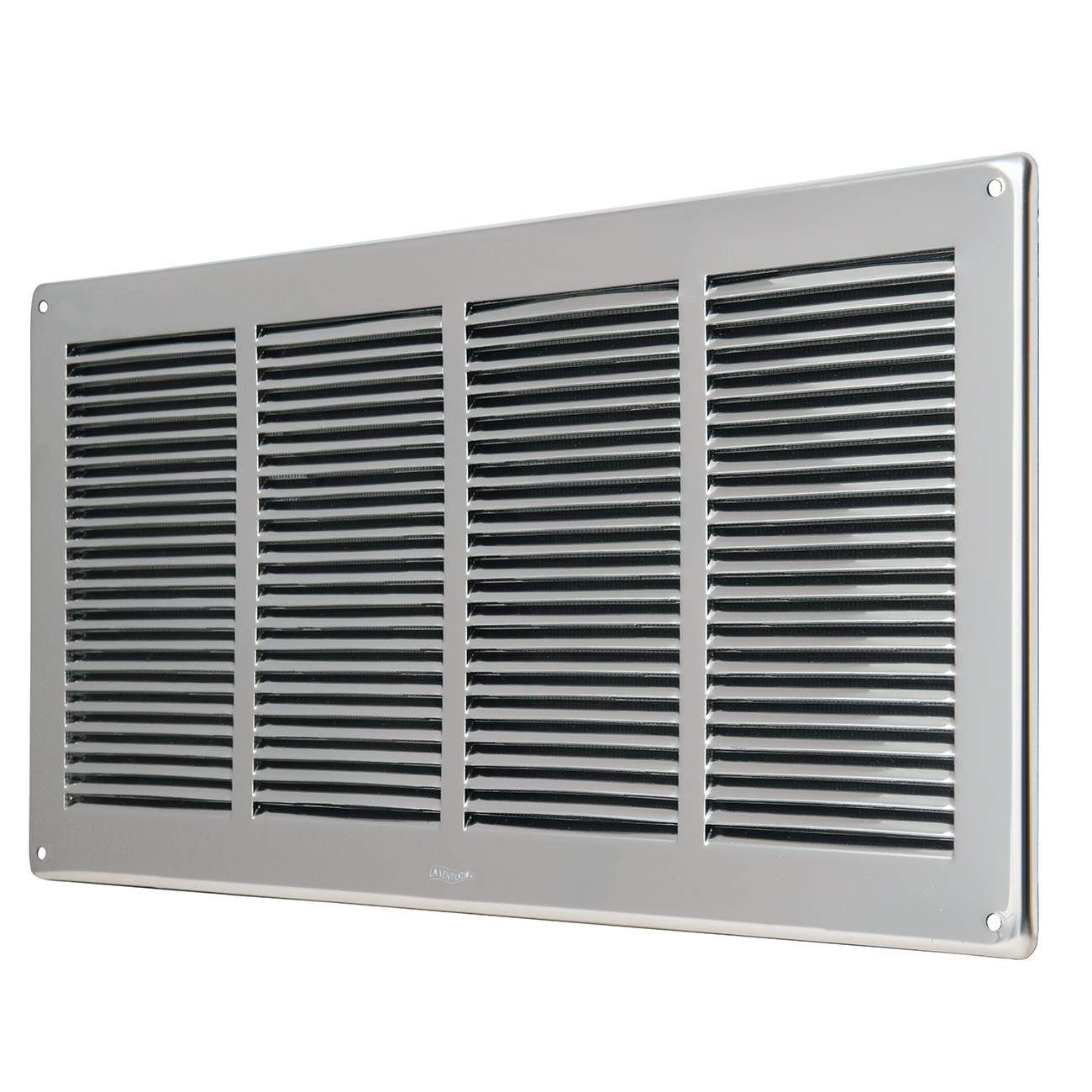 La Ventilazione GIN4424R Griglia di ventilazione rettangolare in Acciaio Inox430, da Sovrapporre, con rete antinsetti. Dimensioni 440x240 mm