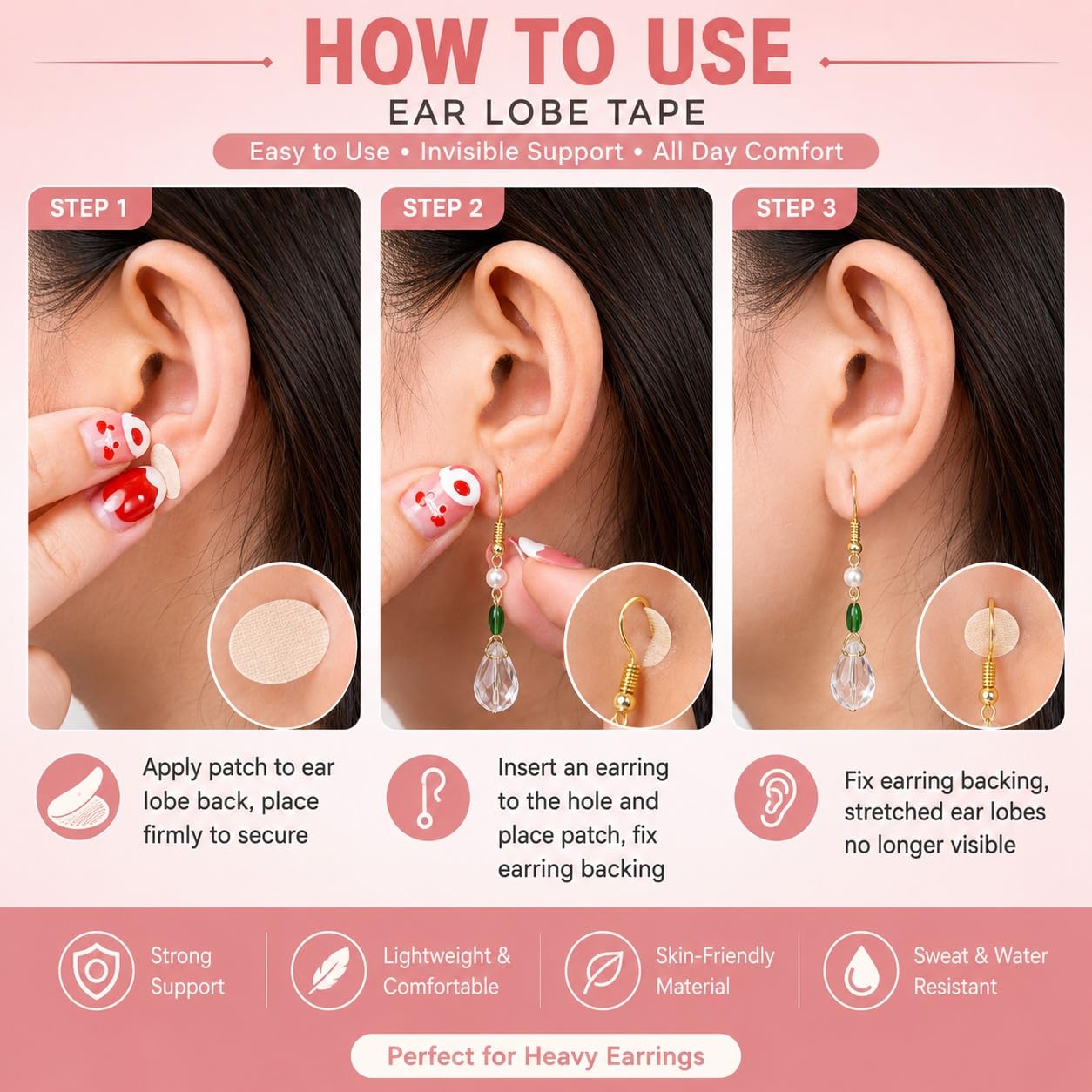 TRICSTER Ear Lobe Tape/Invisible Ear Lobe Support Patch for Pierced Ears - Eliminates the Look of Torn or Stretched Piercings - Protects Healthy Ear Lobes from Tearing (30 Count (Pack of 1)) 1