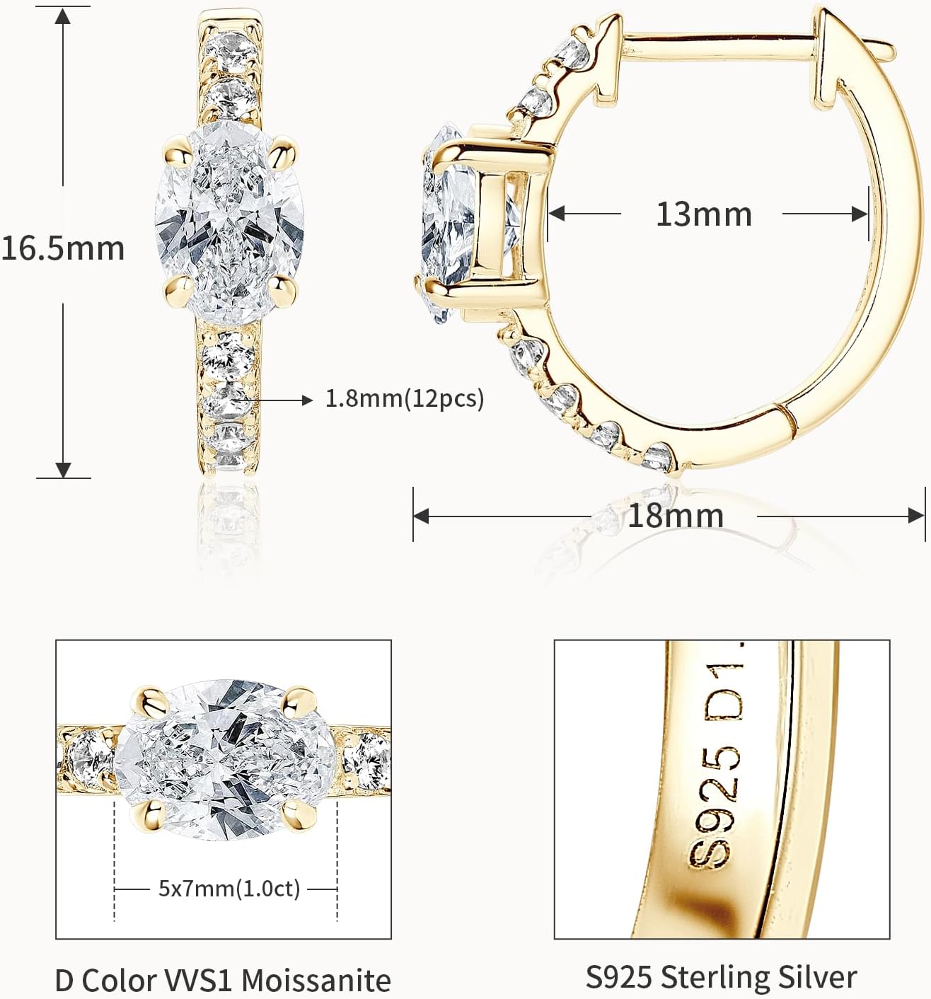 1CT Oval Moissanite Hoop Earrings for Women, D Color VVS1 Clarity Moissanite, 925 Sterling Silver Earrings for Mother's Day Wedding Birthday Jewerly Gifts - Image 3