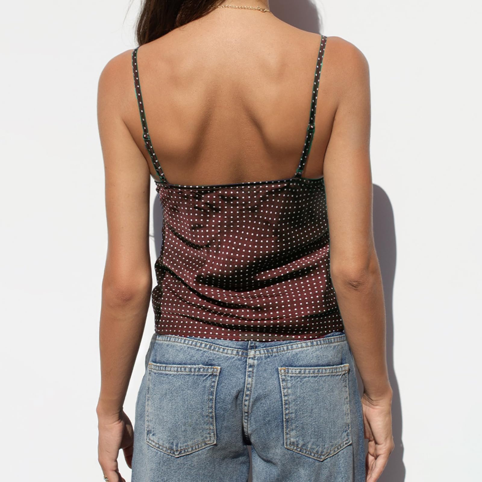 Sexy Outfit Top de Tirantes Y2K con Encaje de Lunares, Cuello en V, Correa de Espagueti, Ajustado, sin Mangas, para Verano, Casual, para Salir