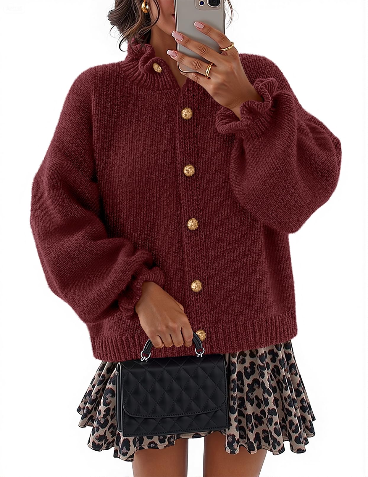 MEROKEETY Womens Fall 2025 Chunky Cardigan Sweaters Trendy Ruffle Button Down Long Sleeve Casual Knit Coat Winter Clothes