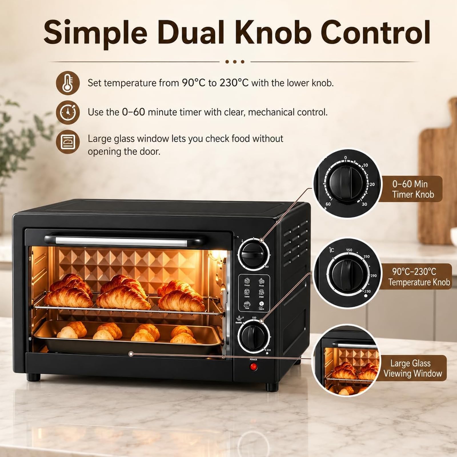 Forno Elettrico Intelligente 22L, Timer da 60 Minuti e 90-230°C