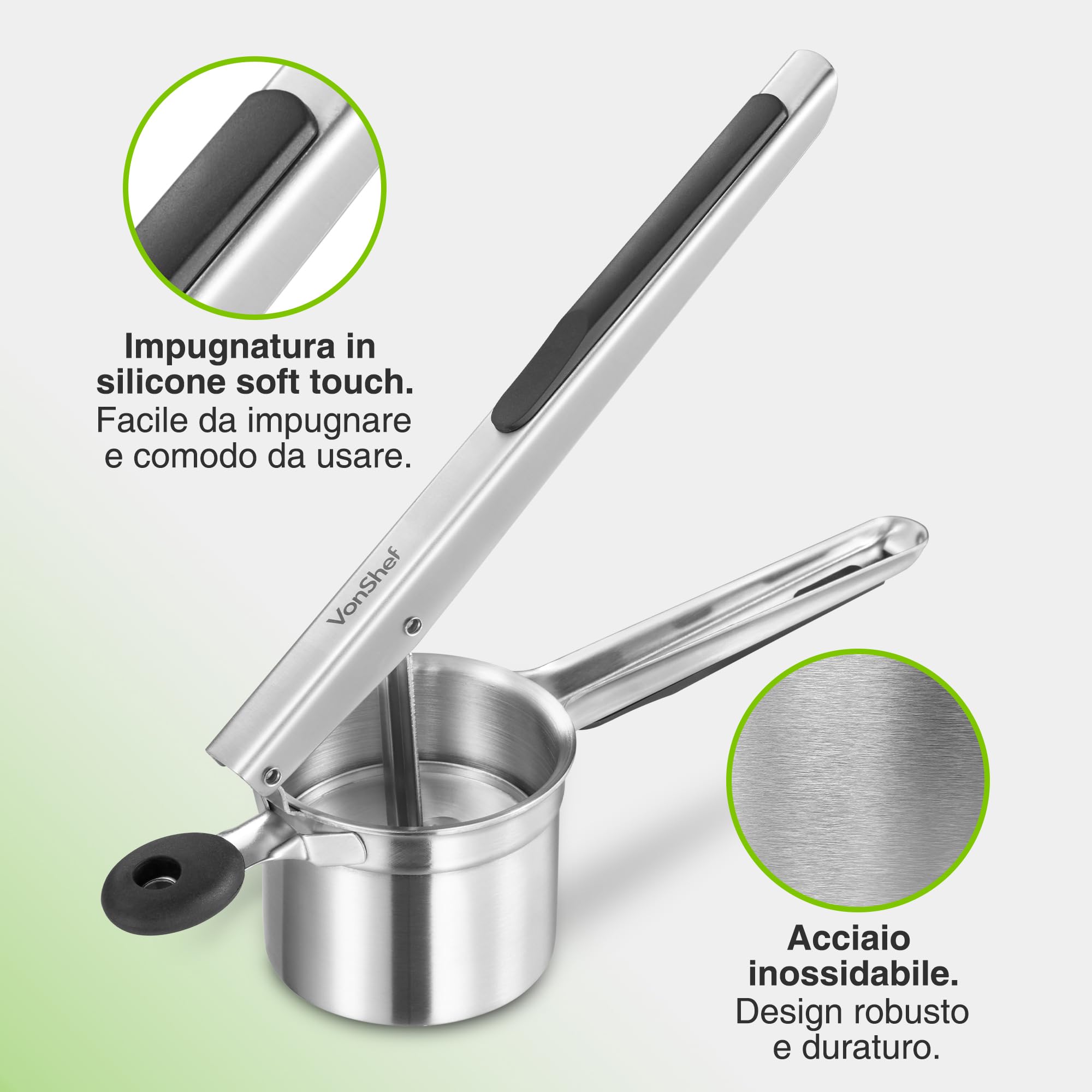 VonShef Schiacciapatate Acciaio Inox per Uso Alimentare con Manico in Silicone, Schiaccia Patate, Frutta e Verdura Lavabile in Lavastoviglie