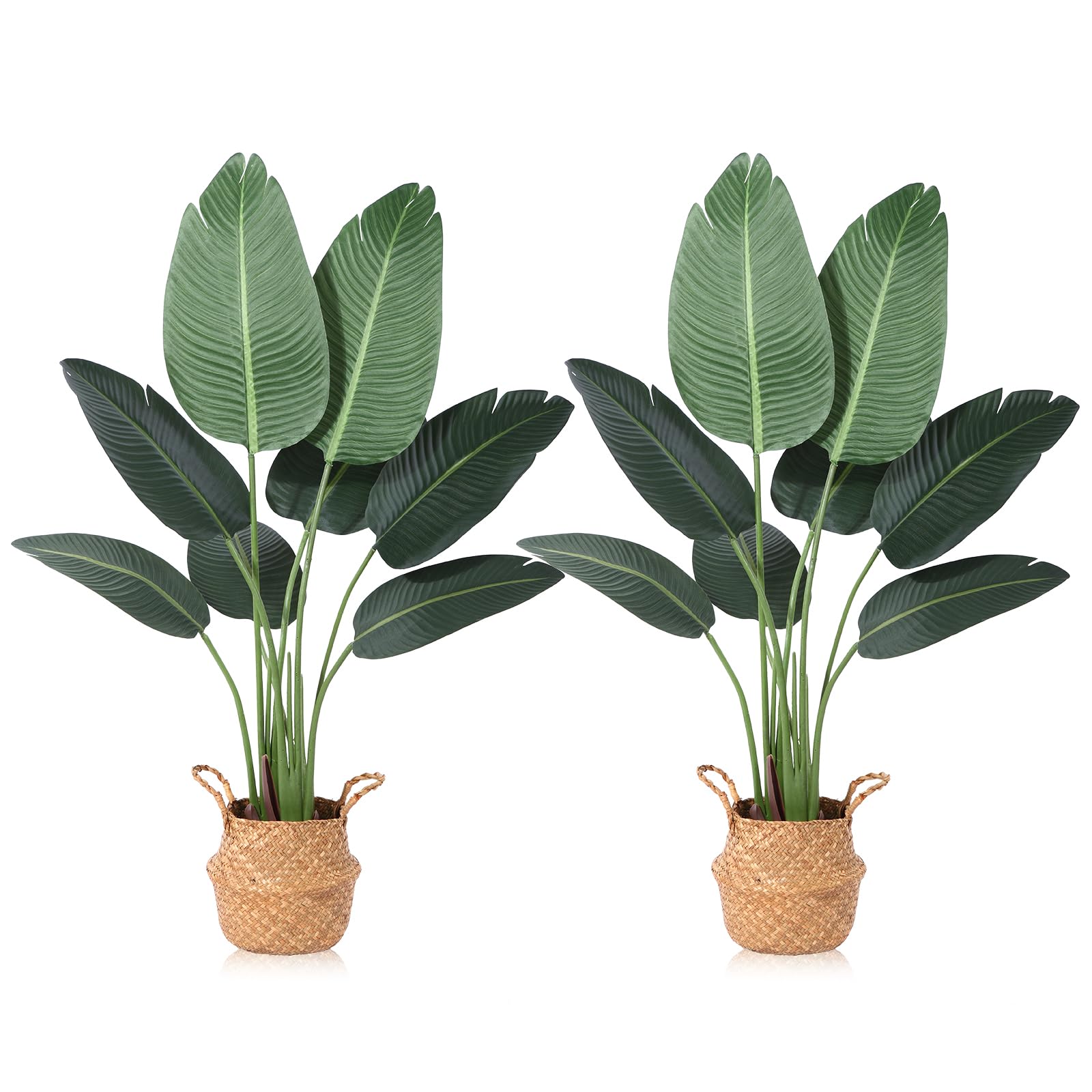 - Artificial Bird of Paradise Plants 4 Ft Fake Tropical Tree with Woven Basket, Faux Banana Leaf Plant for Home Indoor Outdoor Office Modern Decor Green 2 Set