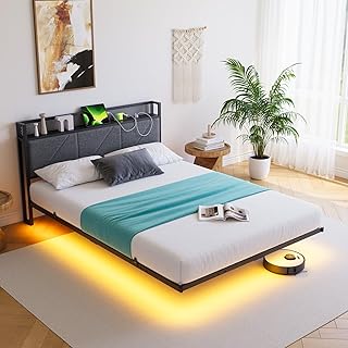 HAHRIR Floating Double Bed Frame with LED Lights & USB Charging Station, 135x190cm Metal Platform Bed Frame with 5ft Upholstered Headboard Storage,Heavy Duty Metal Slats, Noise Free/Dark Grey