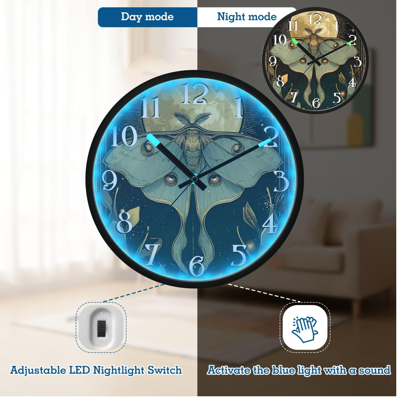 Mnsruu Reloj de pared luminoso con diseño de luna, luna, hoja verde, funciona con pilas, silencioso, brilla en la oscuridad, para sala de estar, cocina, 12 pulgadas