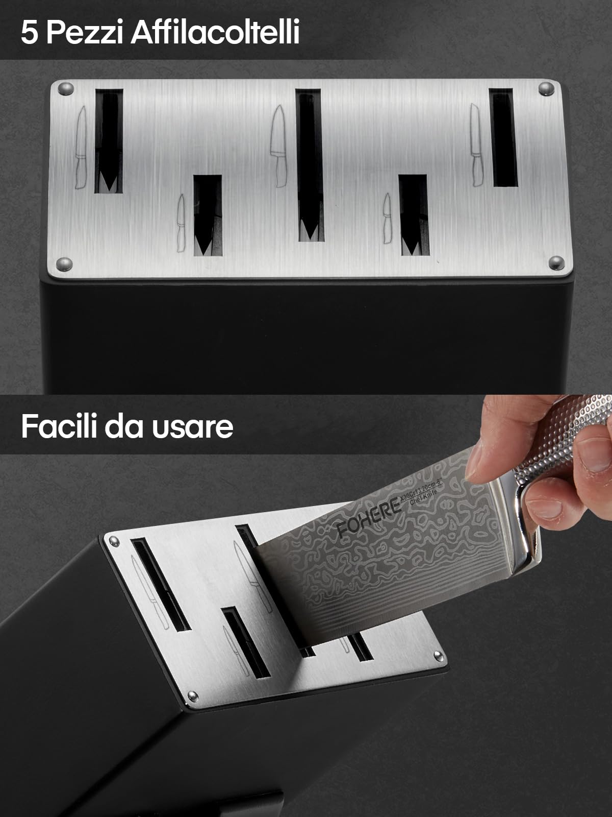 FOHERE Set Coltelli da Cucina Professionale con Tecnologia Avanzata di Affilacoltelli, 7 Pezzi, Coltelli da Cucina in Acciaio Inossidabile, Ceppo Coltello in Legno, Forbici da Cucina