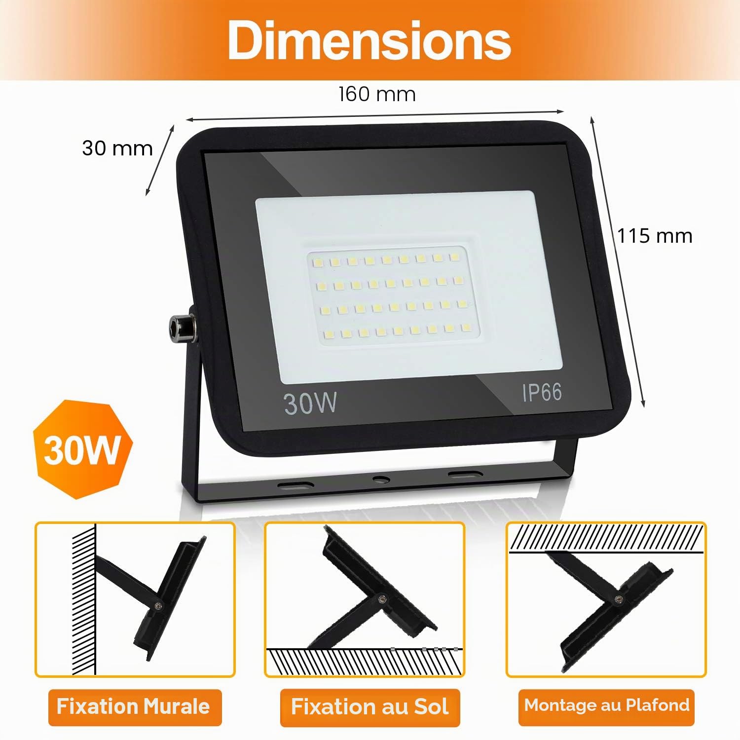Lospitch 10X d'extérieur pour projecteur à LED 30W, étanche IP66, projecteur de sécurité extérieur blanc chaud 2550LM 3000K, pour la déco de garage de jardin de toit d'entrepôt de cour