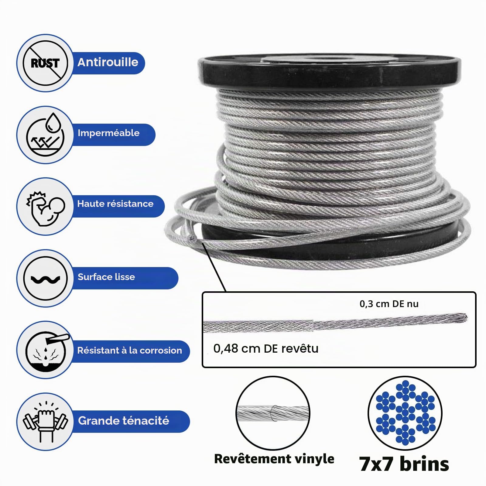 TooTaci Corde en Acier Inoxydable à Suspendre Kit, 60M/5mm Cable Acier Inoxydable 304 Revêtu PVC, avec M6 Tendeur Cable Inox Filin Acier pour Plantes Grimpante,Corde a linge,Suspension Exterieur