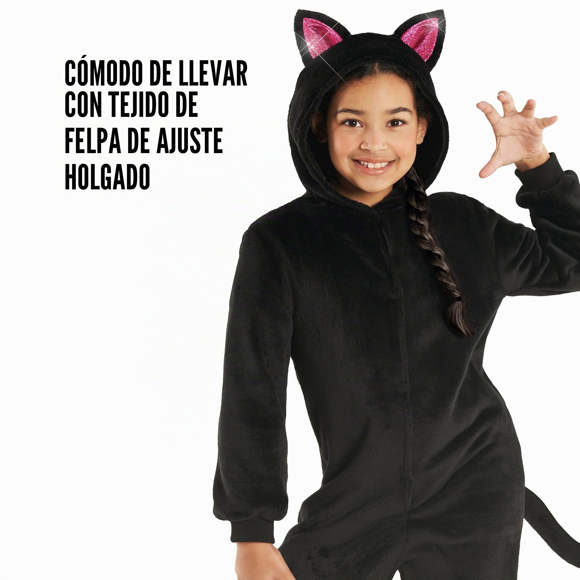 Morph Disfraz Gato Negro Niña, Disfraz Halloween Niña | Mono de Peluche Negro con Cola & Diadema con Orejas, Para Poner, Perfecto para Halloween, Ideal para Juegos de Rol