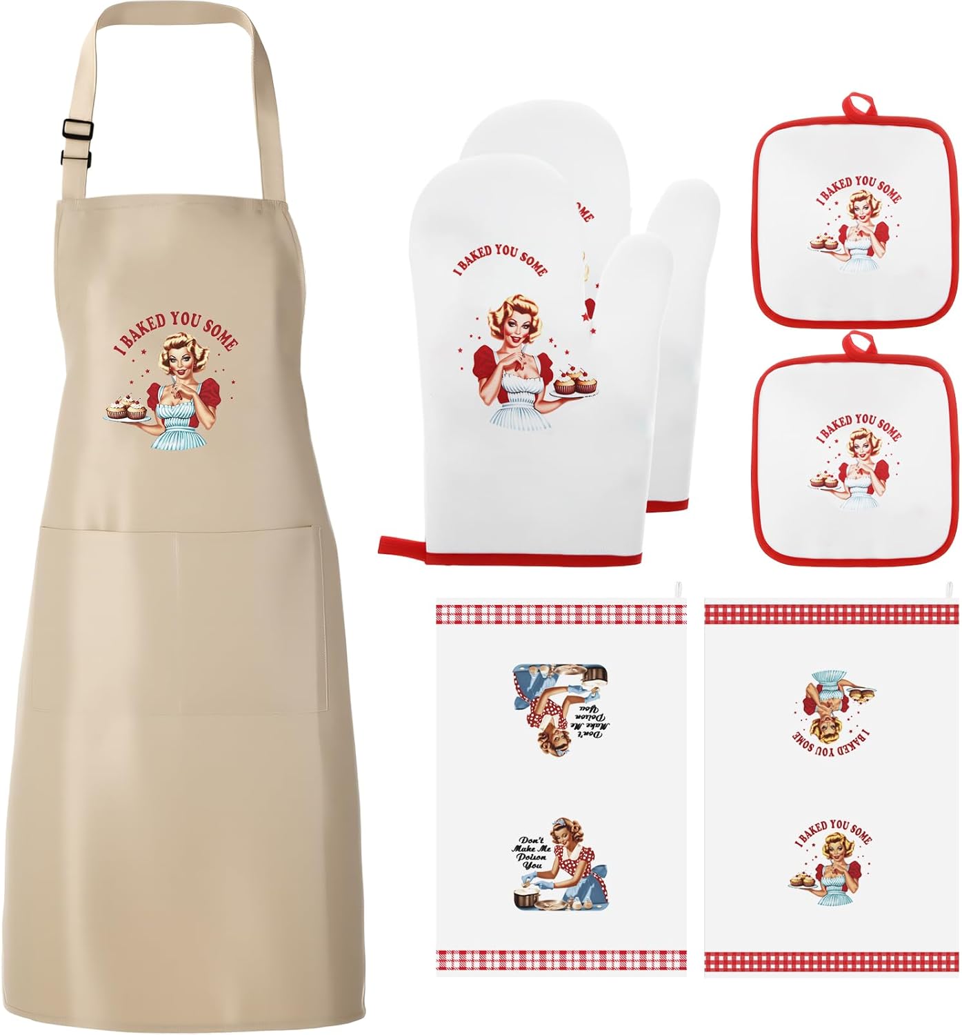 7 Pcs Christmas Funny Apron Oven Mitt Set Funny Cooking Aprons for Women, Joked Dishcloth, Mat for Thanksgiving Christmas Baking Gifts for Mom Wife Baker Chef Birthday Housewarming Gift