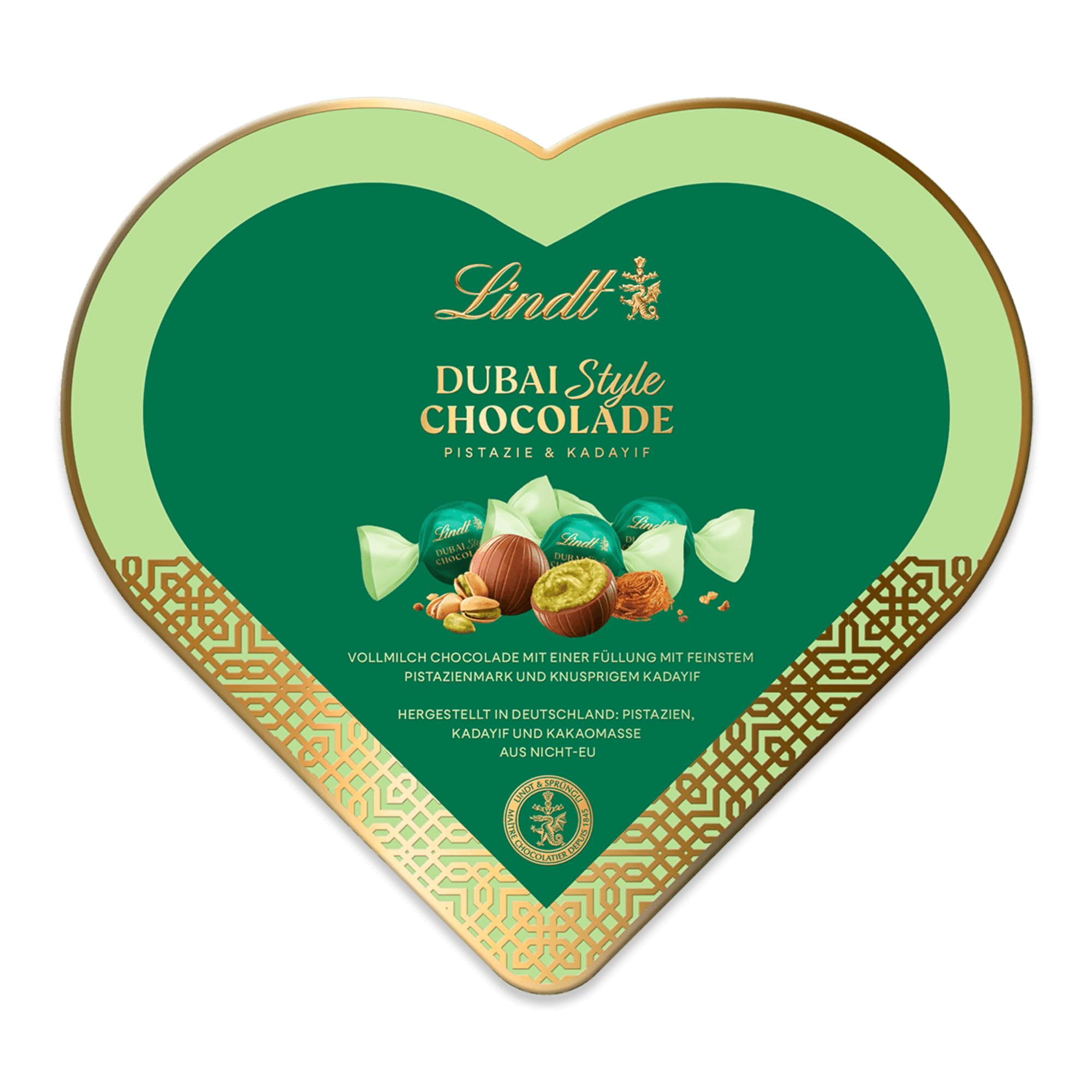 Lindt Schokolade | Dubai Style Chocolade Valentinstag Herz | 115g | zarte Vollmilch-Schokolade Kugeln mit feiner Pistaziencreme und knusprigem Kadayif Füllung | Schokoladengeschenk