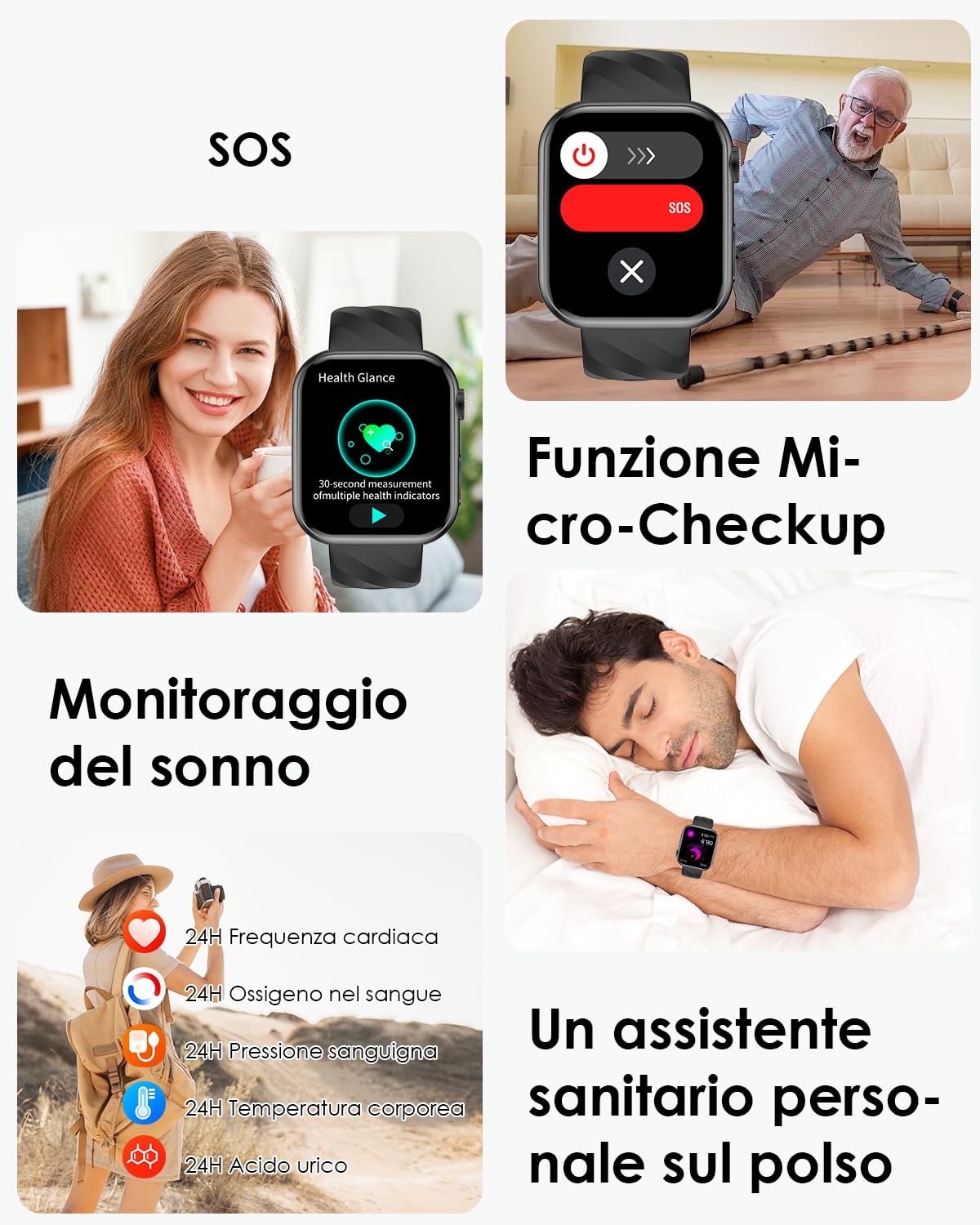 Lgnitek Smartwatch con ECG/𝐆li𝐜𝐞m𝐢𝐚/BMI/Acido Urico/Lipidi/HRV, 1,97" AMOLED Orologio Saluta con Funzione Telefono, 24H Pressione Sanguigna/Sonno/SPO2/Cardiofrequenzimetro, IP68 iOS Android