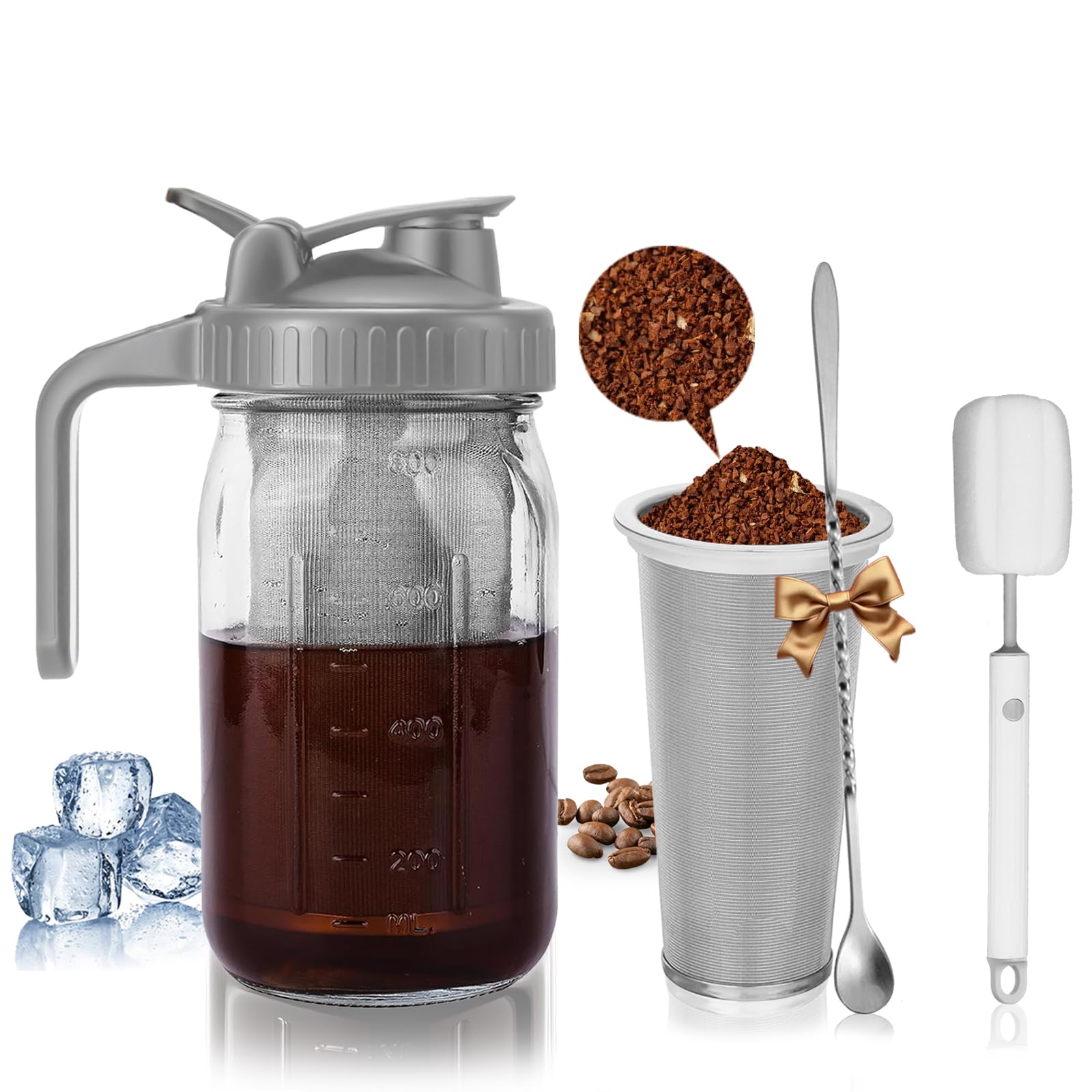 Kaltgebrüh-Kaffeemaschine mit grauer Abdeckung, 800 ml Glaskaraffe mit Edelstahlfilter, luftdichter Deckel
