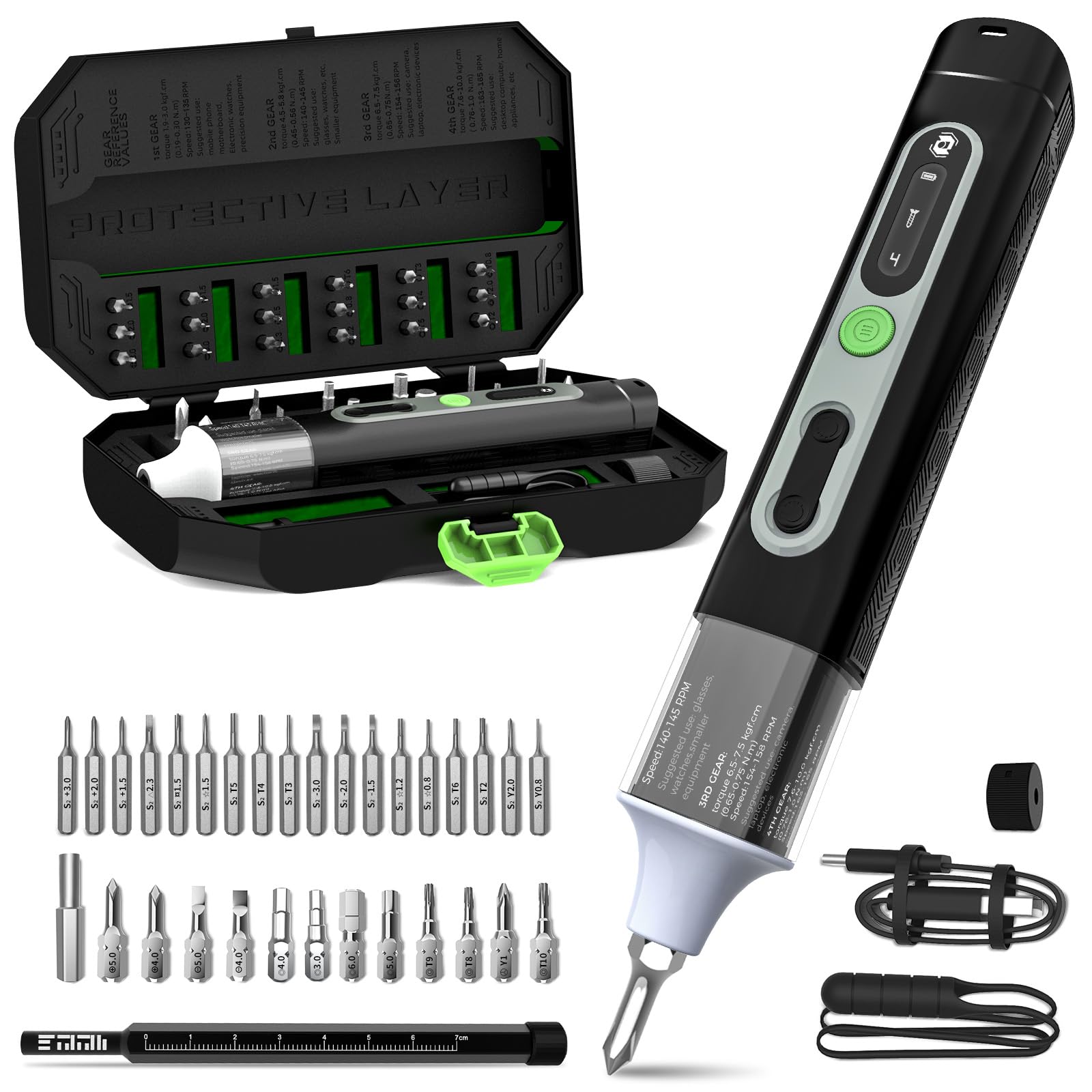 Set di Cacciaviti Elettrici, 36 in 1 mini cacciavite elettrico con 36 Punte S2, 4 Coppie, Cacciavite Elettrico Cordless da 1500 mAh per Occhiali, Elettronica, Orologi, Telefoni, Laptop, Fotocamere