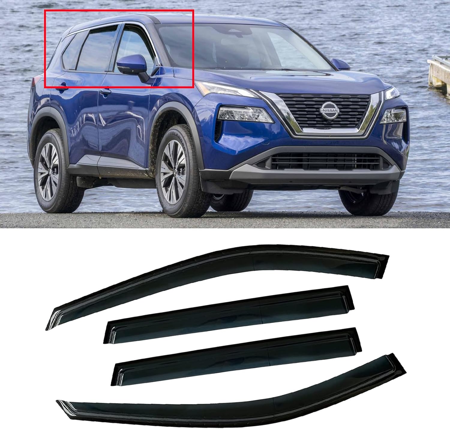 Window Visor for 2021-2025 Nissan Rogue S SV SL Platinum, Out-Channel Rain Guards Shields Vent Deflector Shade Wind Dark Smoke 2022 21 22 23, Tape-On Outside-Mount, 4PCS For 21-24 Rogue
