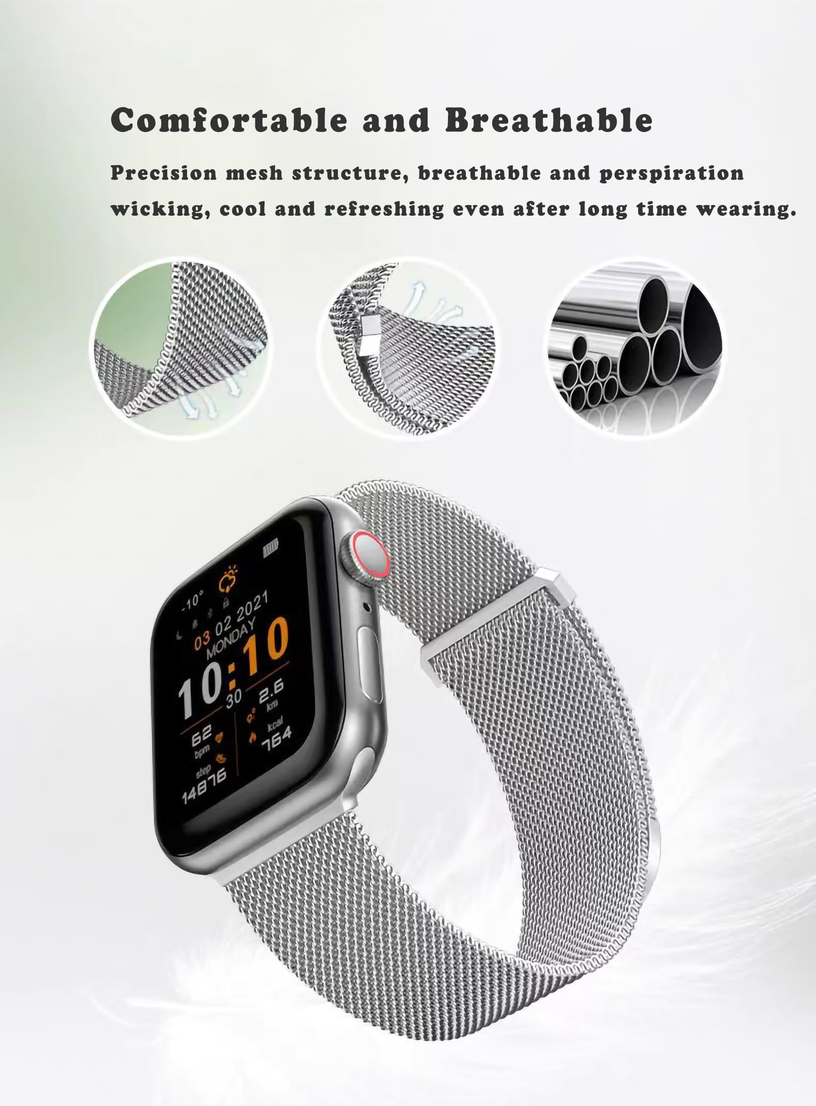 KAMINRUN Mesh Metal Bands Compatible with Apple Watch Band 42 mm 44 mm 45 mm 49 mm, Stainless Steel Magnetic Loop Strap, 44 MM - Image 3