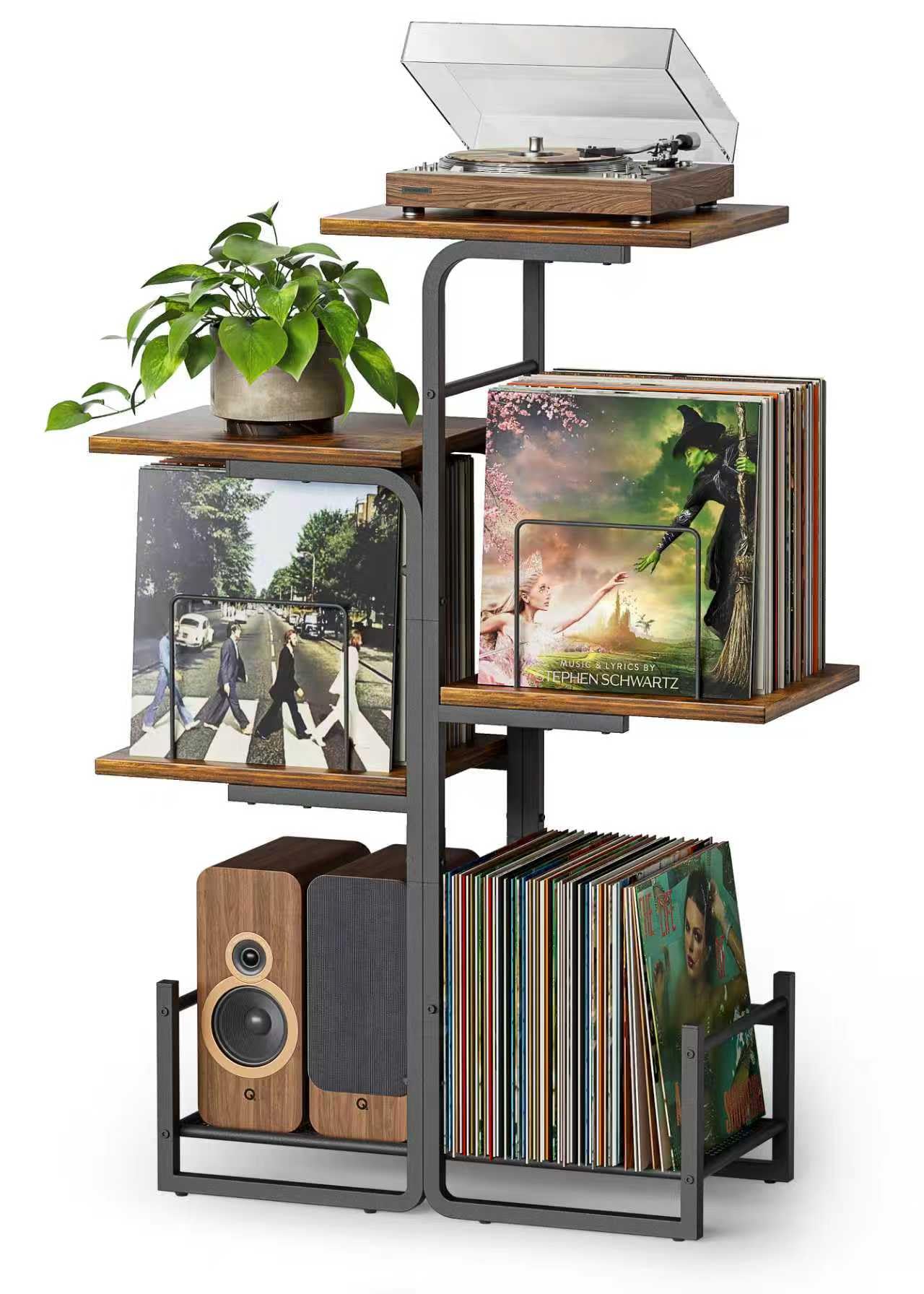 Bikoney Mobile per Giradischi Stile Vintage con Ampio Spazio per Vinili, Supporto per LP con Mensole Porta Dischi, Tavolino per Giradischi e Organizer per Soggiorno e Camera