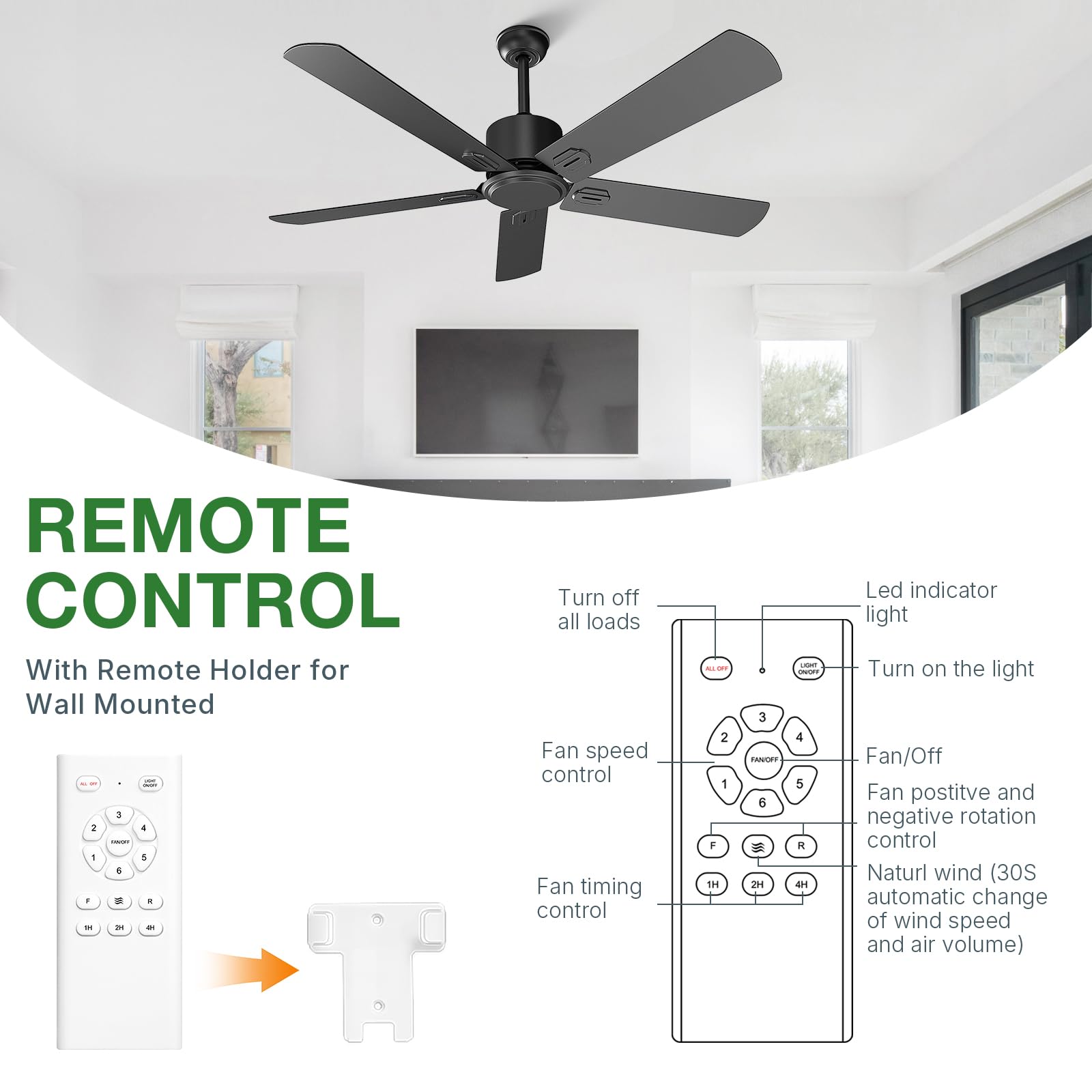 Obabala - Ventilador de techo para exteriores de 52 pulgadas, sin luz, moderno ventilador de techo negro sin luz con control remoto y aplicación, motor CC reversible silencioso, 6 velocidades, para