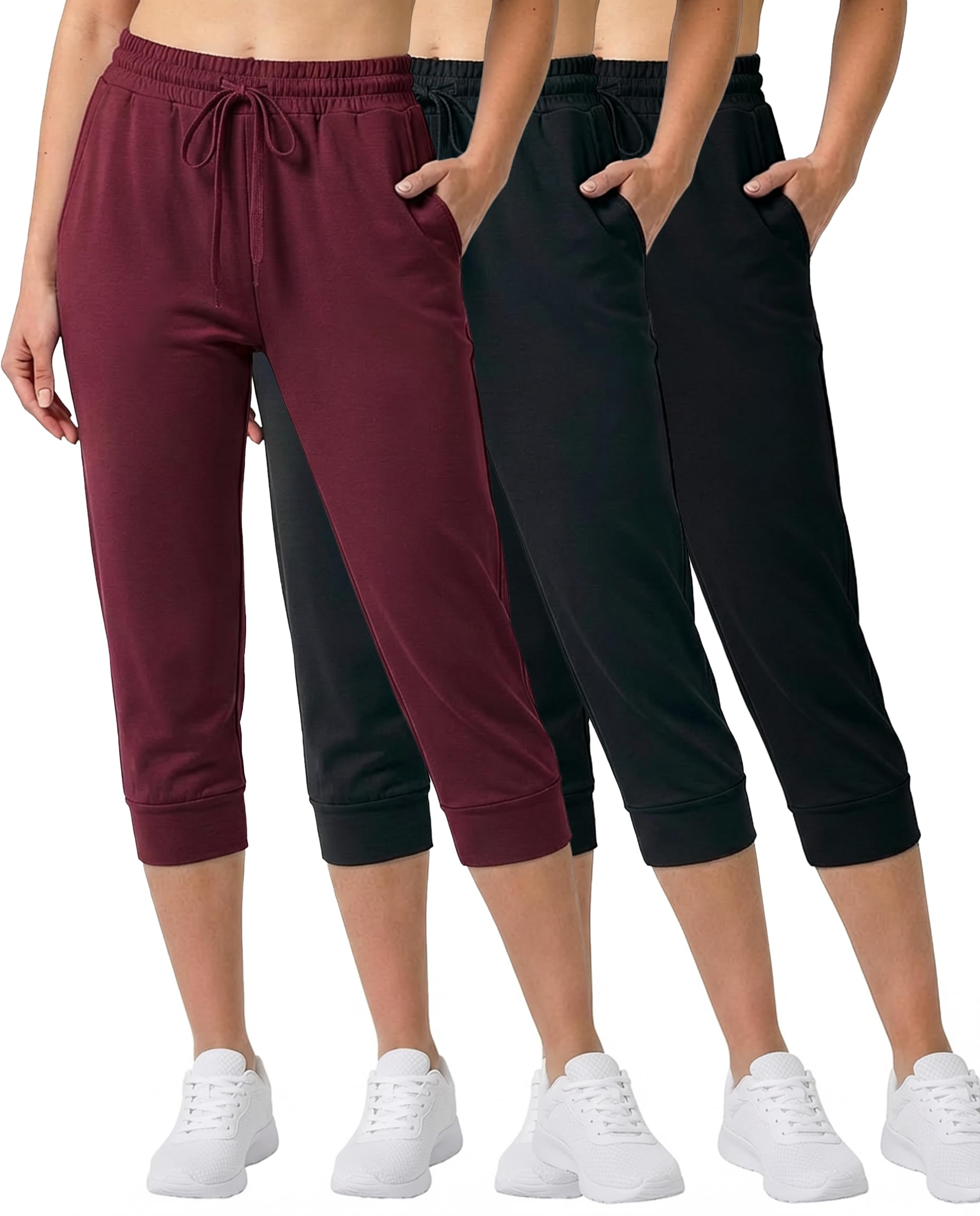 Real Essentials 3-Pack: Women's Capri Joggers Cuffed Athletic Casual Soft Sweatpants with Pockets (Available in Plus Size)