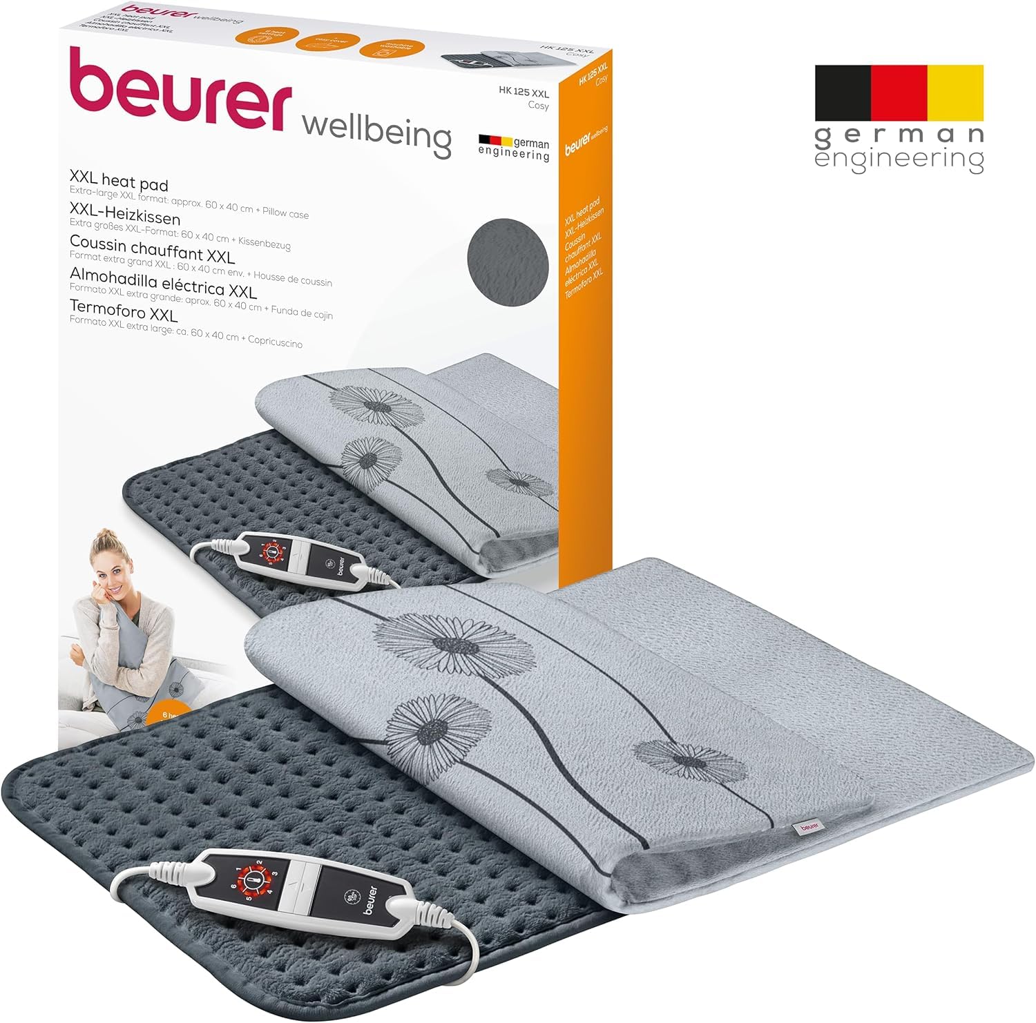 Beurer HK 125 Almohadilla eléctrica, esterilla eléctrica en formato XXL, con 6 ajustes de temperatura, desconexión automática e interruptor LED, lavable a máquina, gris, 60 x 40 cm