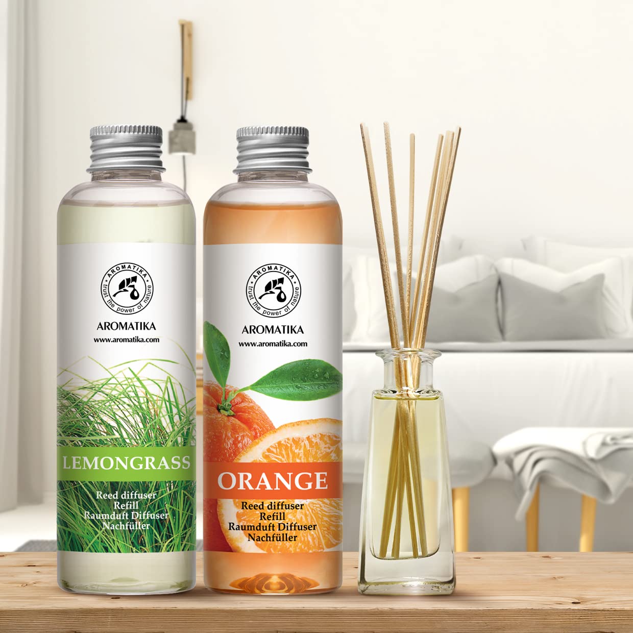 Raumduft Diffuser Nachfüller Lemongrass & ORANGE 400ml - 2x200ml - Nachfüller Set für Duftdiffusor - Reed Diffuser Refill - Raumbeduftung - Zimmerduft - Diffuser Nachfüllen - Raumluft