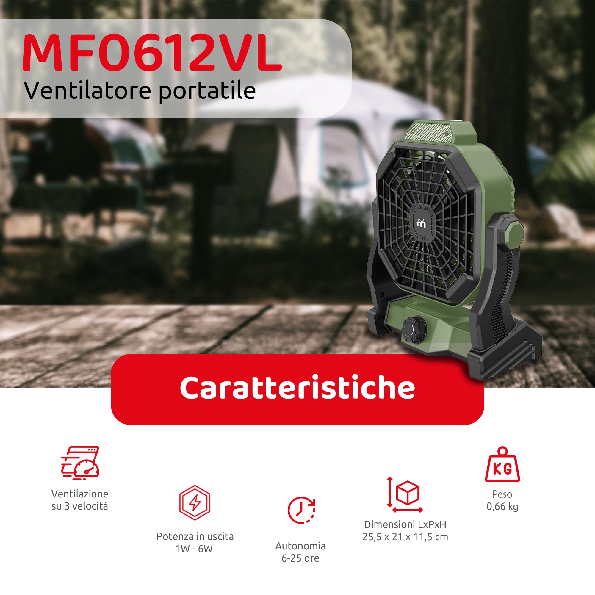 Melchioni Family | Ventilatore Portatile da Campeggio Ricaricabile con Luce, Batteria Incorporata da 5200 mah Ricaricabile tramite Cavo USB