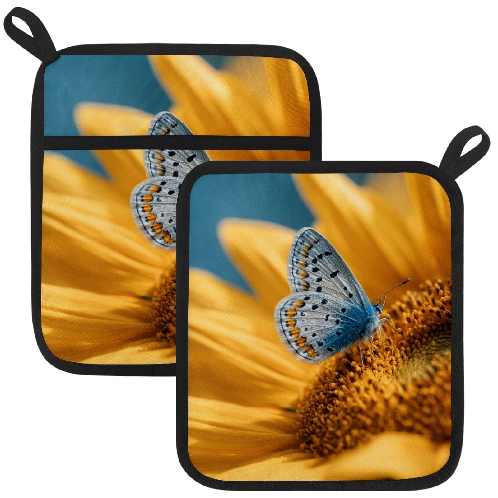 VAPOKF Butterfly Sunflower Pot Holders with Pocket for Kitchen Heat Resistant Potholders Large Polyester-Cotton Square Oven Mitts Set
